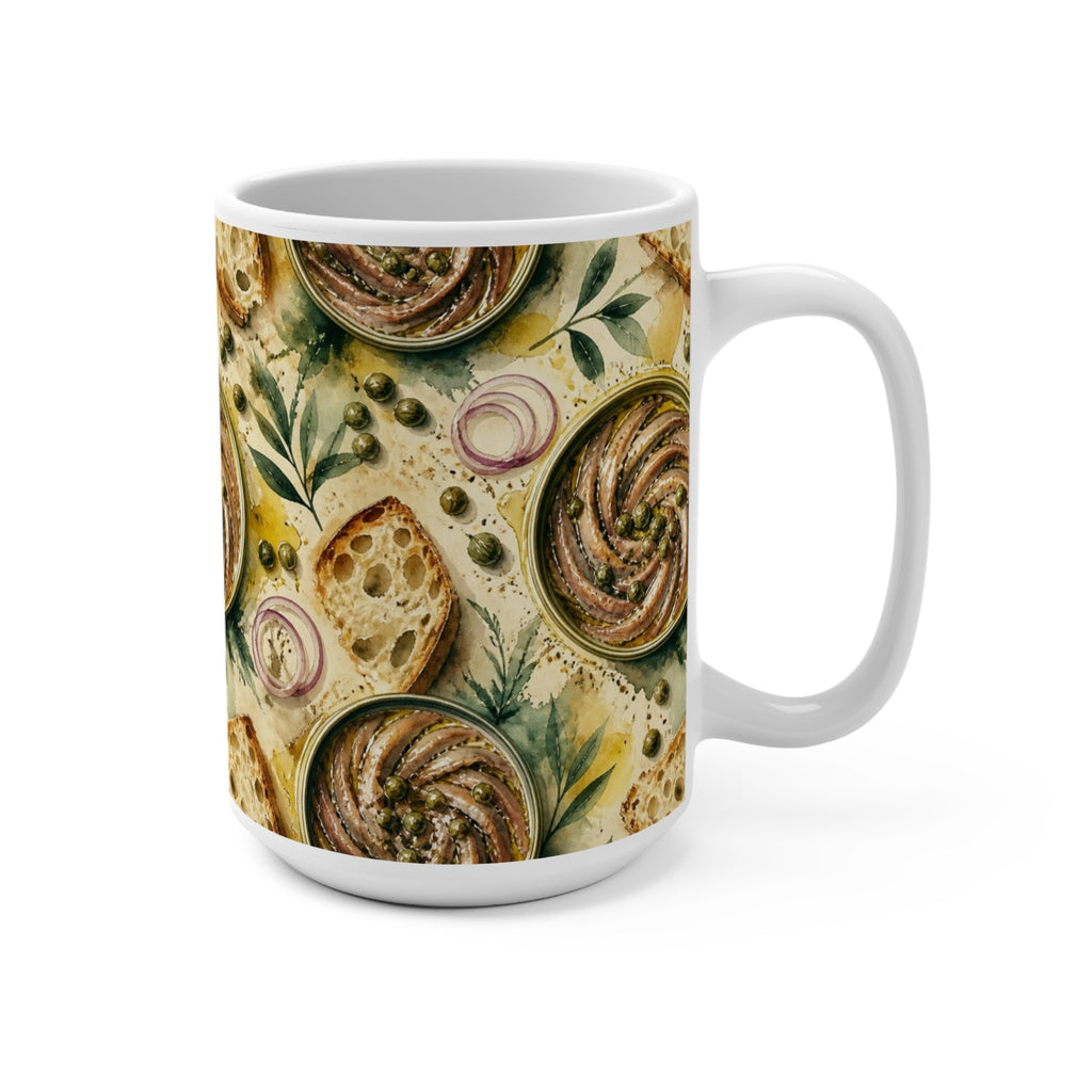 Anchovies & Capers 15oz Ceramic Mug Mediterranean Kitchen Watercolor Splash Design Italian Cottagecore Gift