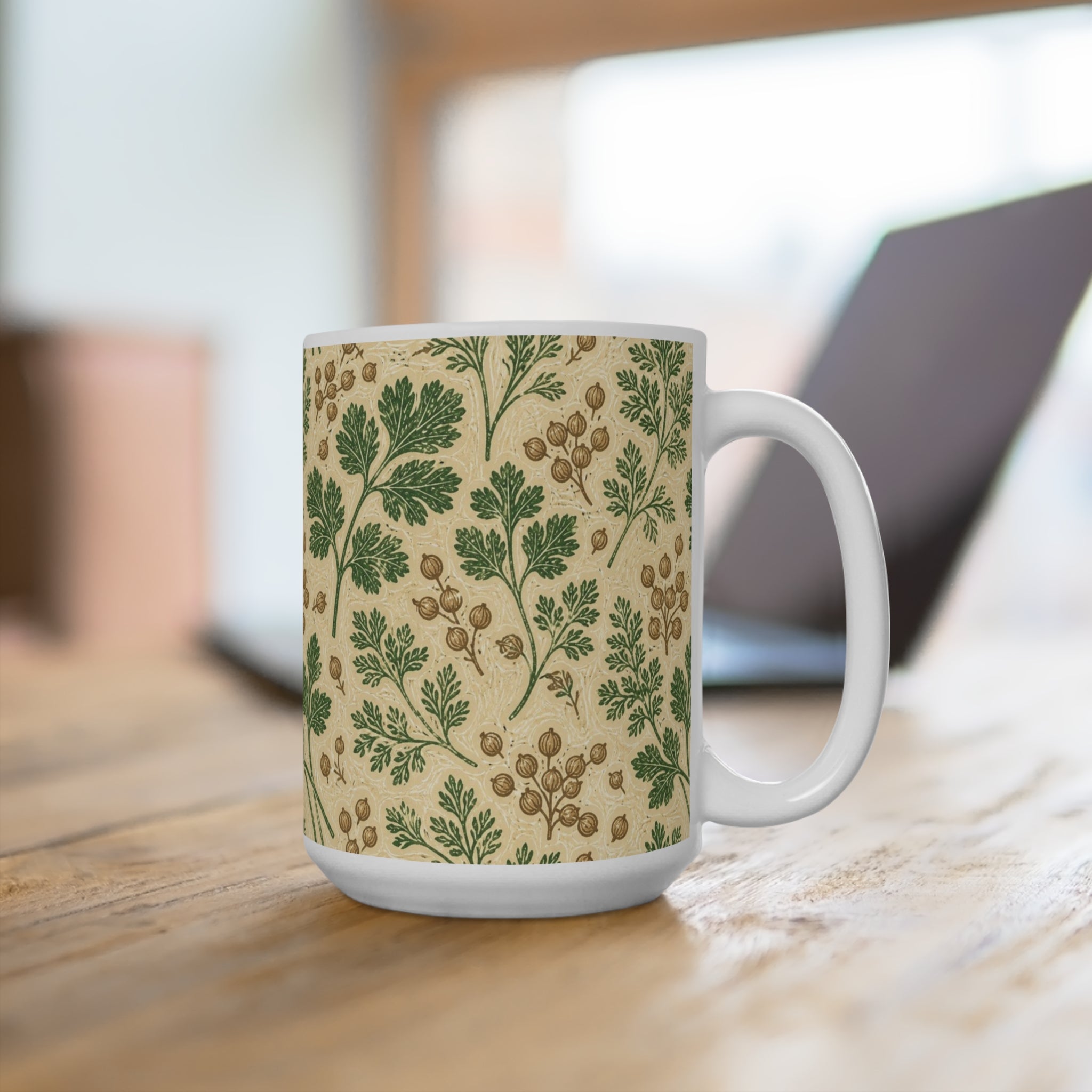 Coriander & Seeds 15oz Ceramic Mug Mediterranean Kitchen Linocut Design Italian Cottagecore Gift