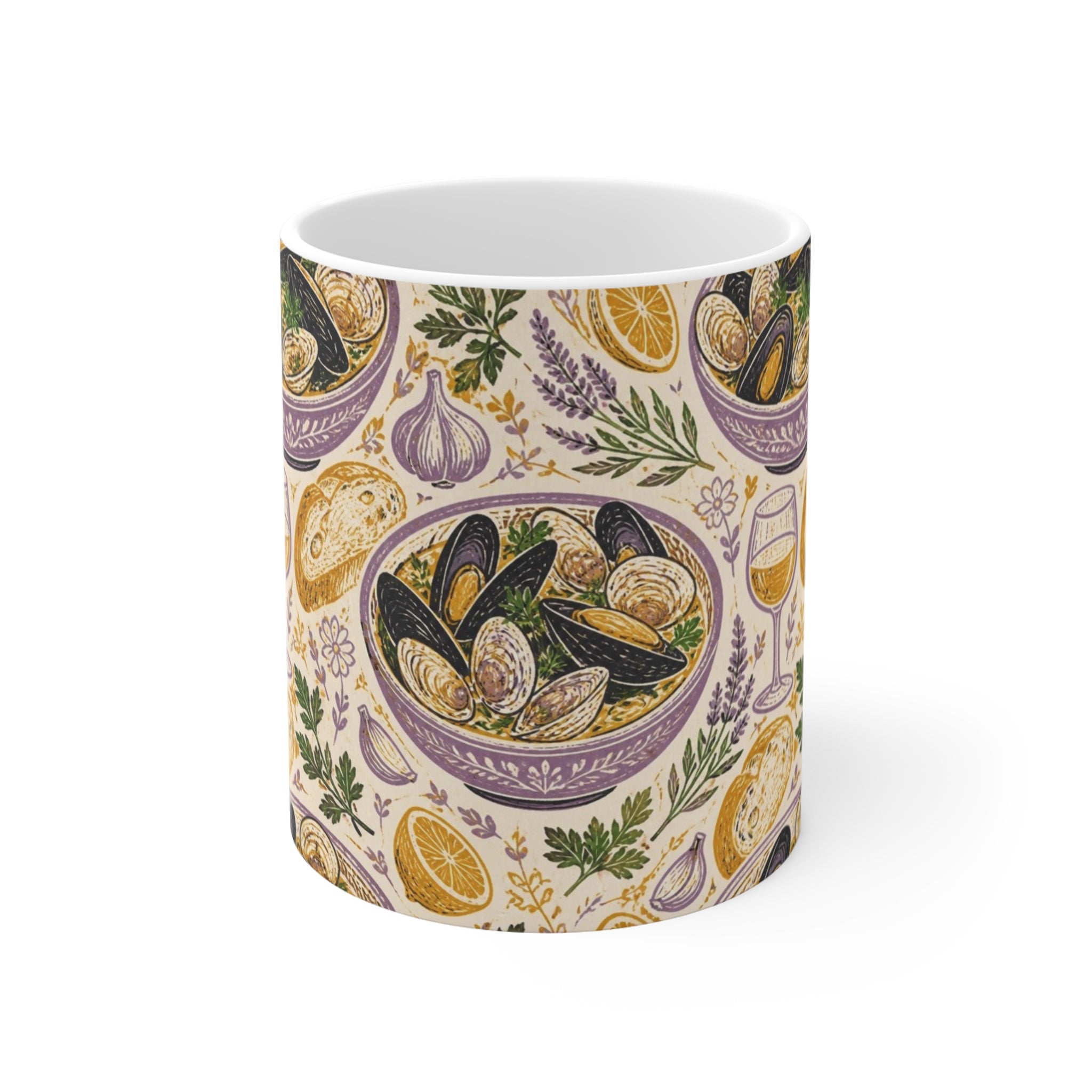 Mussels & Clams 11oz Ceramic Mug Mediterranean Kitchen Linocut Design Italian Cottagecore Gift
