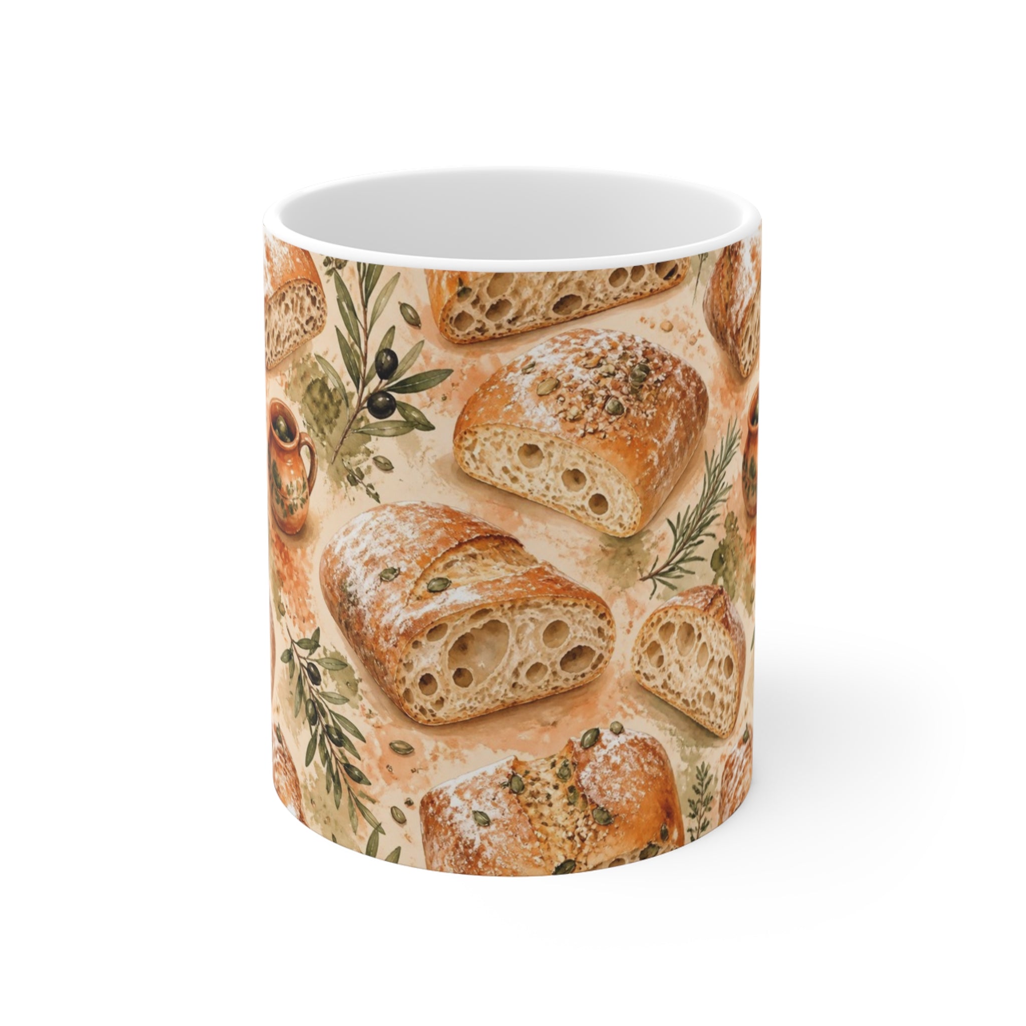 Ciabatta Rolls 11oz Ceramic Mug Mediterranean Kitchen Watercolor Splash Design Italian Cottagecore Gift