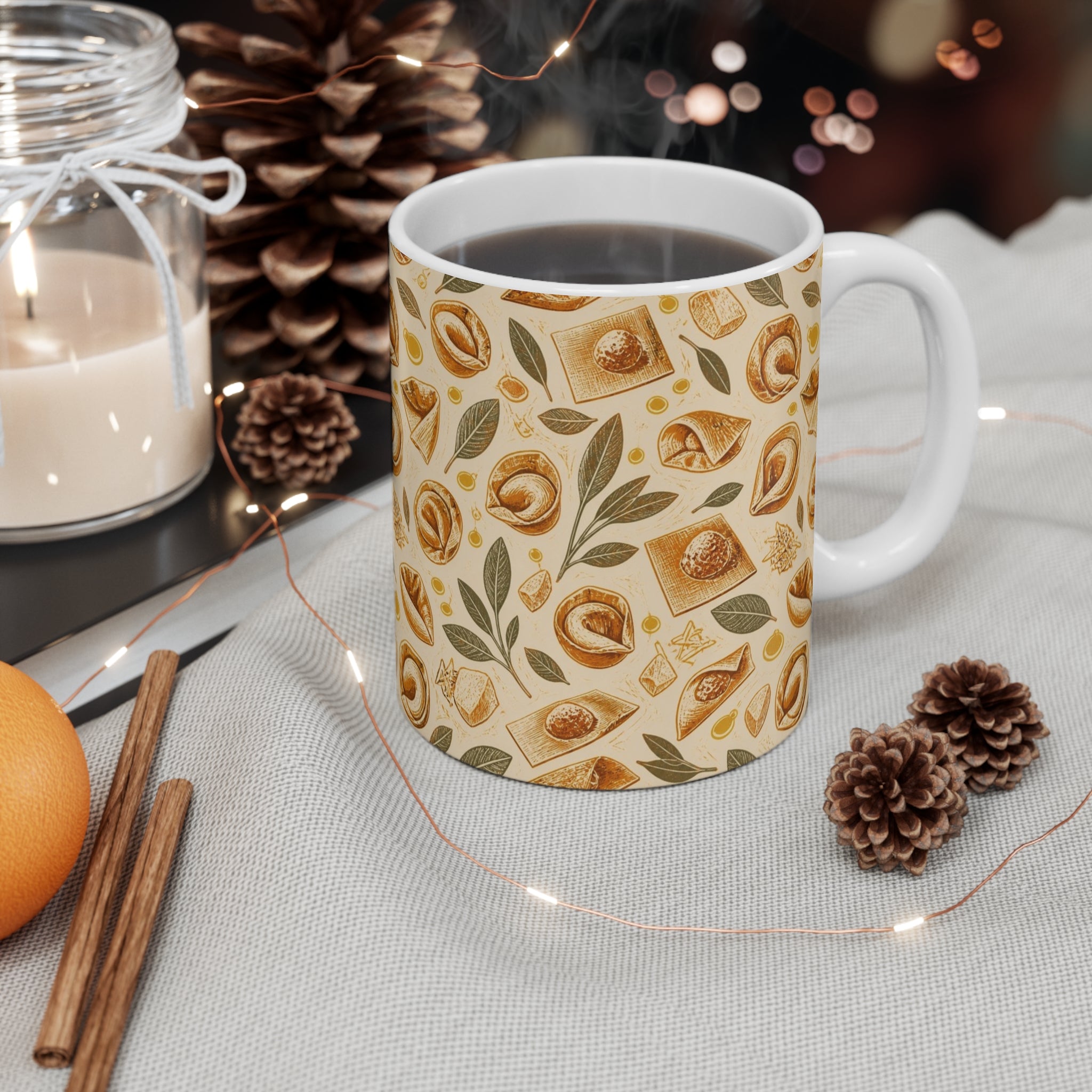 Tortellini with Sage 11oz Ceramic Mug Mediterranean Kitchen Linocut Design Italian Cottagecore Gift