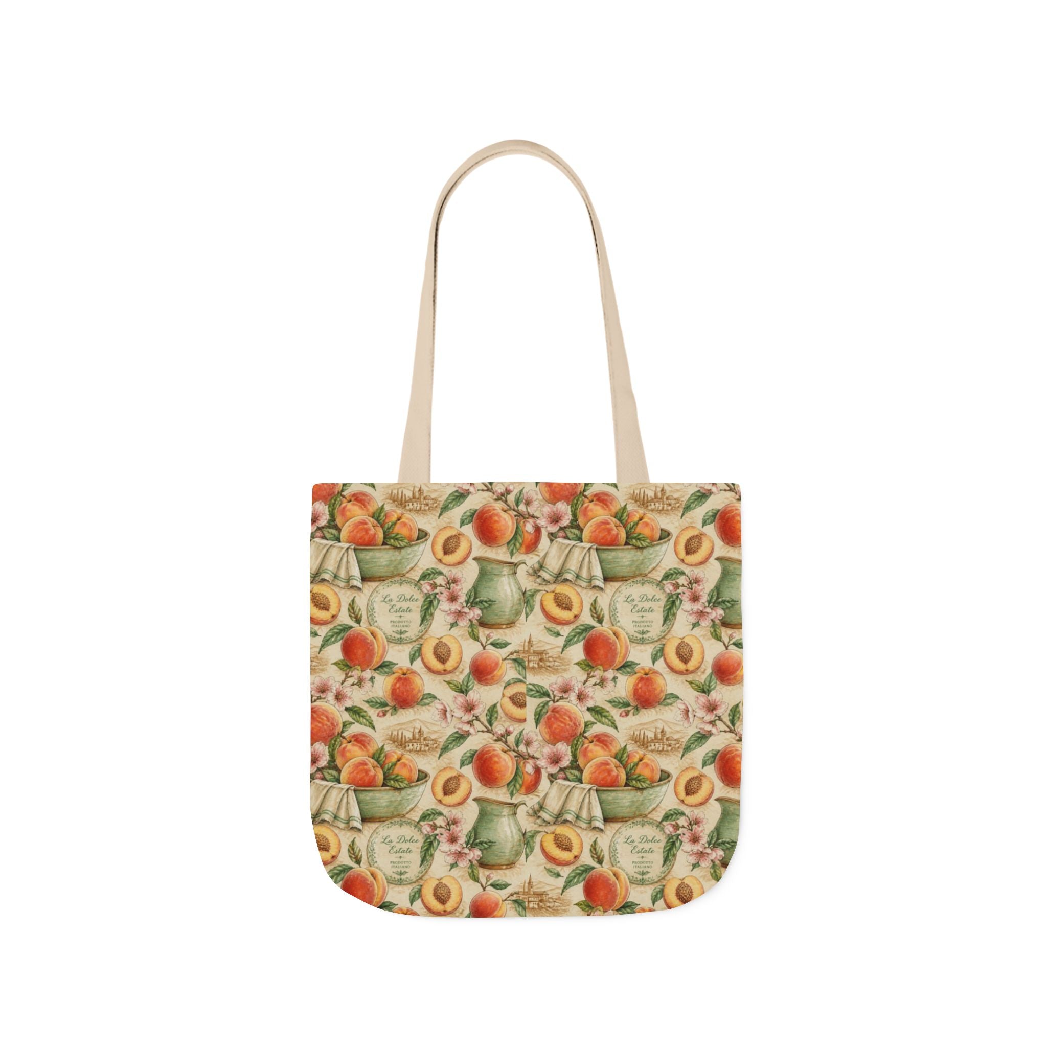 Ripe Peaches Canvas Tote Bag Mediterranean Kitchen Watercolor Design Italian Cottagecore Gift