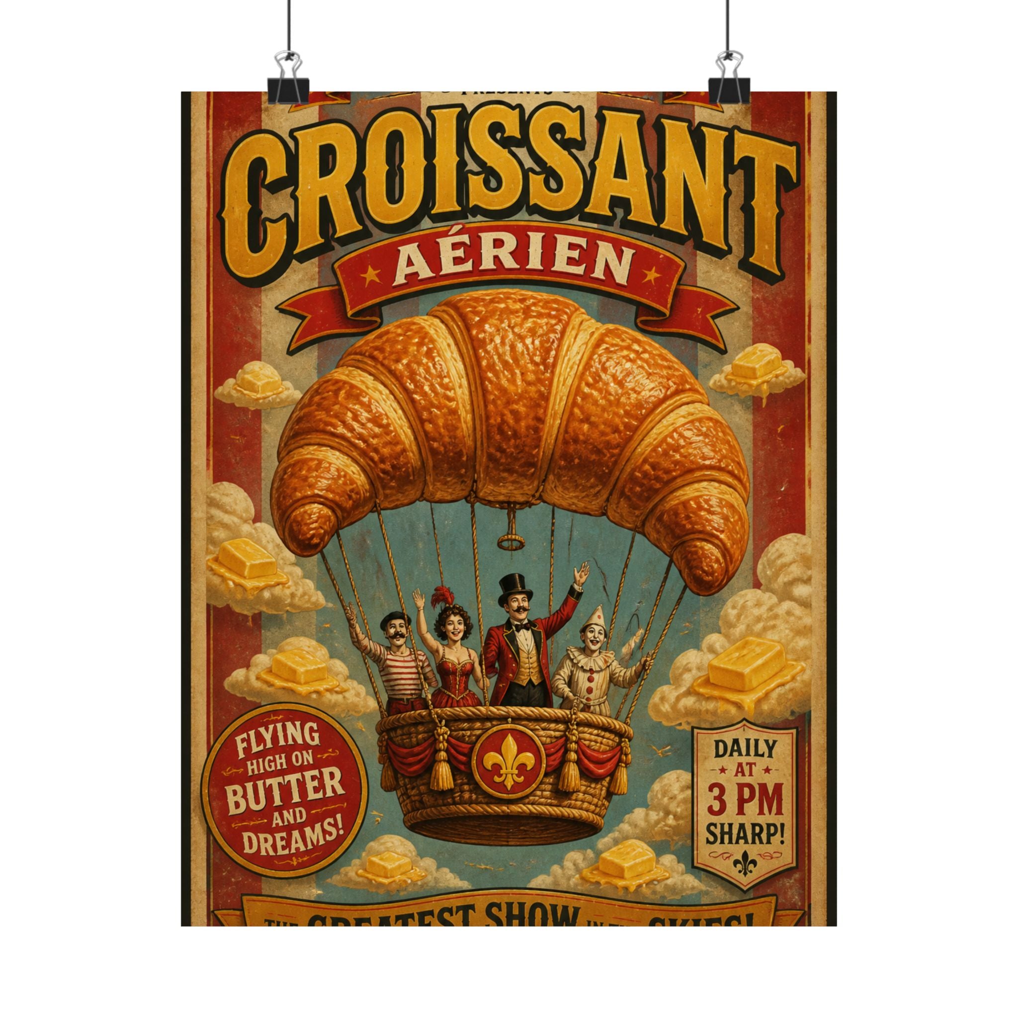 Croissant Hot Air Balloon Wall Art Poster 18×24 Vintage Circus Kitchen Decor Maximalist Print