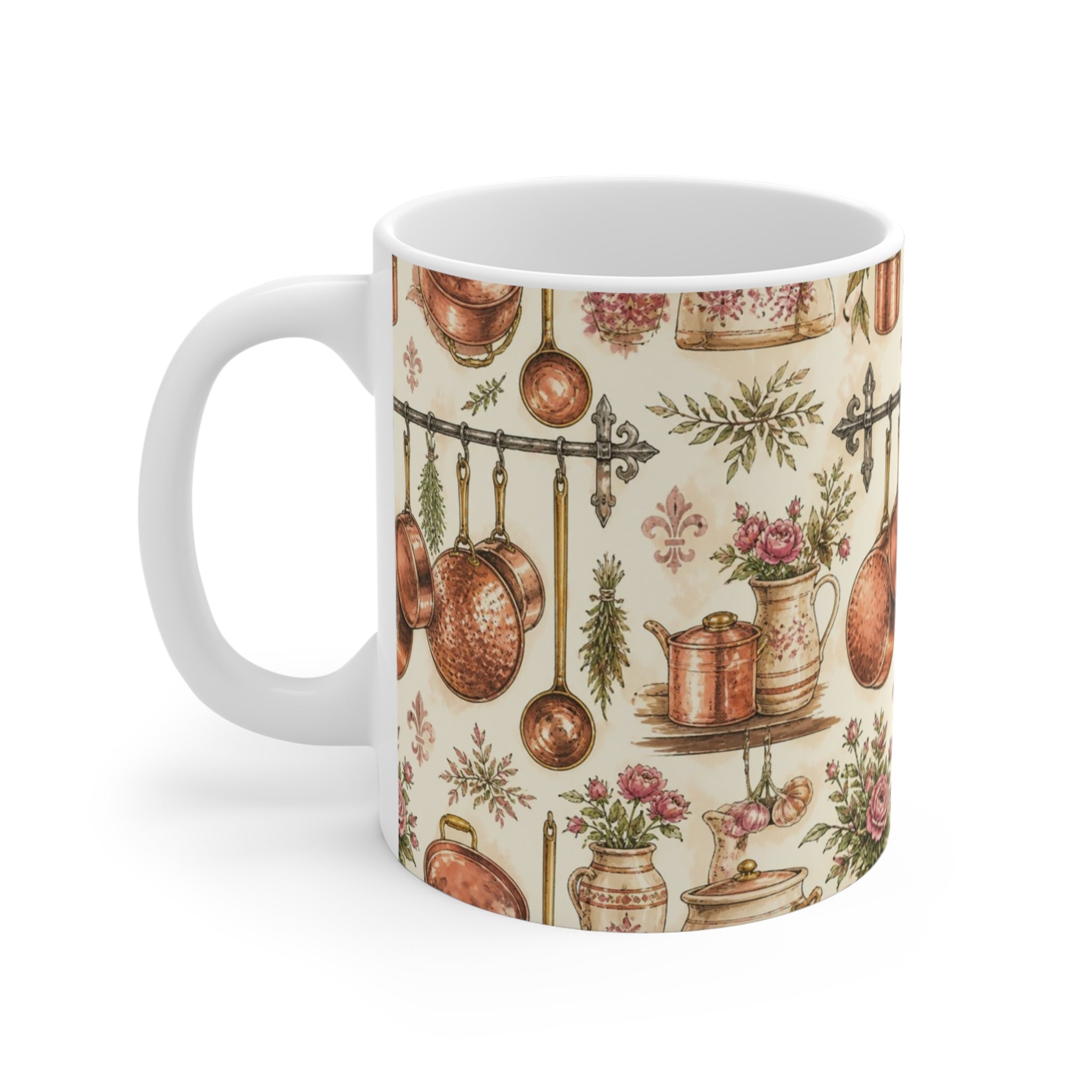 Copper Cookware 11oz Ceramic Mug Mediterranean Kitchen Watercolor Design Italian Cottagecore Gift
