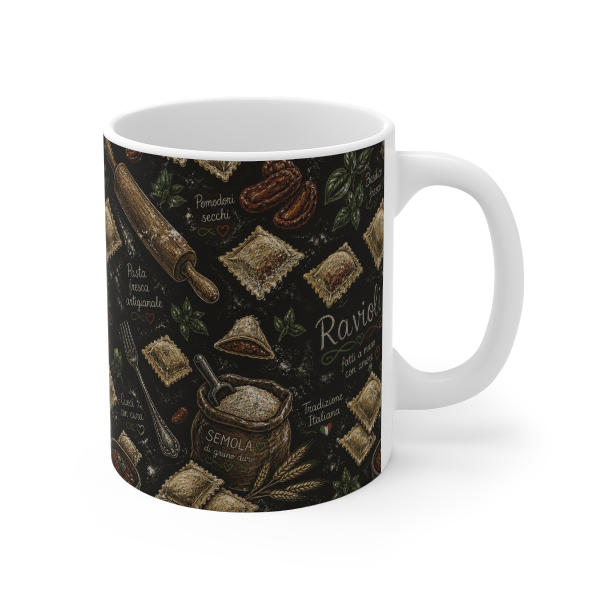 Fresh Ravioli 11oz Ceramic Mug Mediterranean Kitchen Chalk Art Design Italian Cottagecore Gift