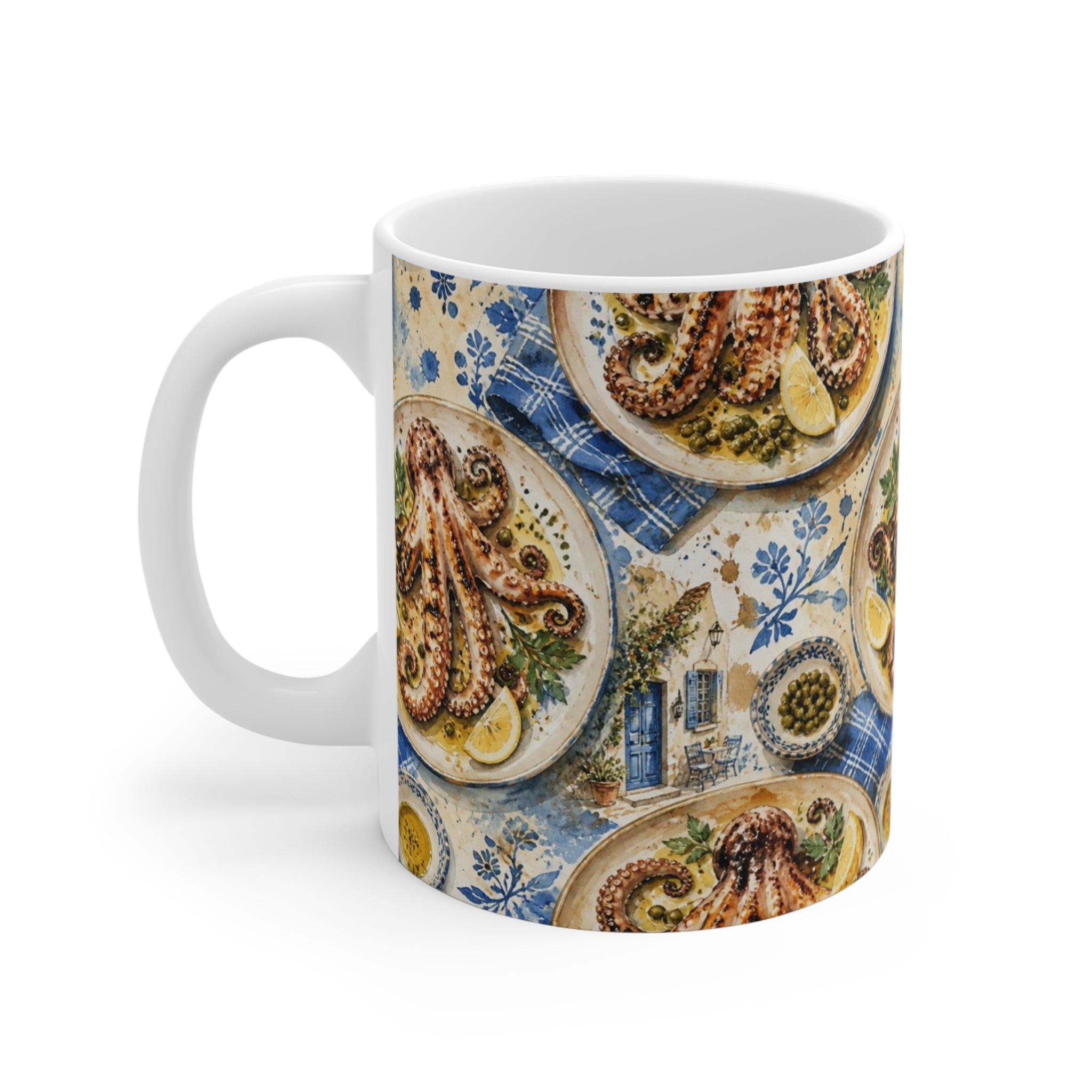Grilled Octopus 11oz Ceramic Mug Mediterranean Kitchen Watercolor Splash Design Italian Cottagecore Gift