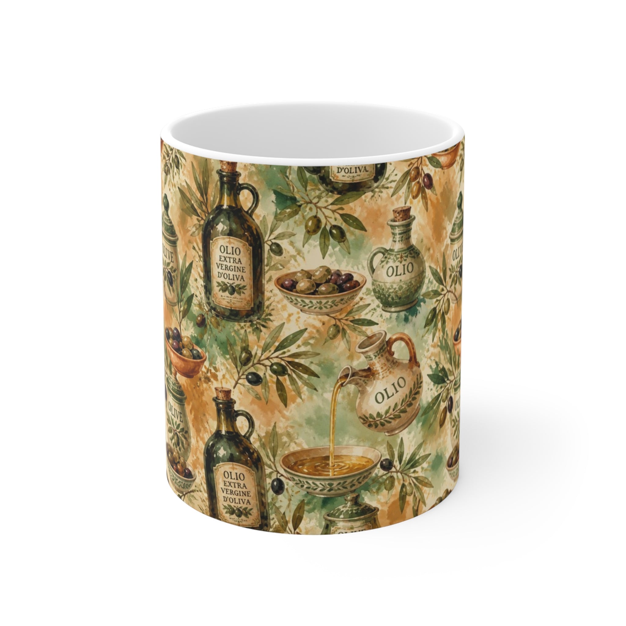 Olive Oil Bottles 11oz Ceramic Mug Mediterranean Kitchen Watercolor Splash Design Italian Cottagecore Gift
