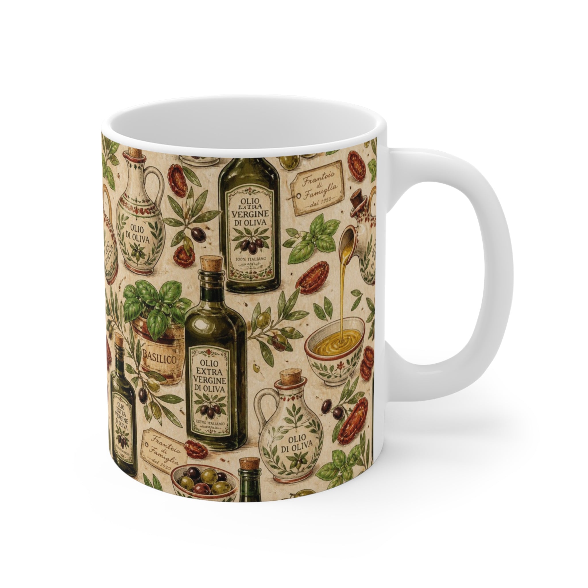 Olive Oil Bottles 11oz Ceramic Mug Mediterranean Kitchen Watercolor Design Italian Cottagecore Gift