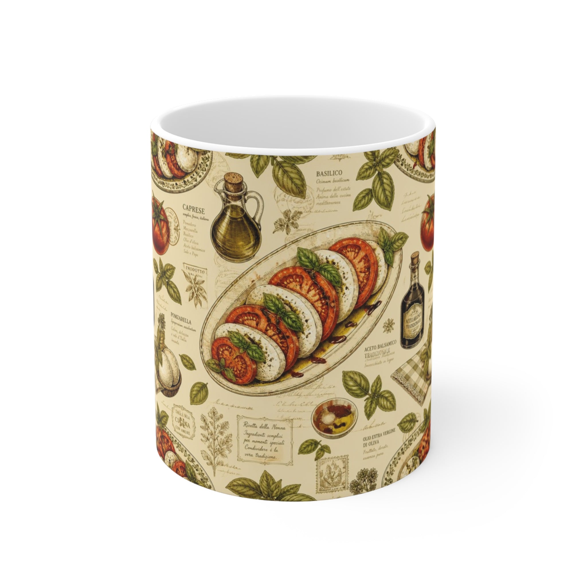 Caprese Arrangement 11oz Ceramic Mug Mediterranean Kitchen Botanical Design Italian Cottagecore Gift