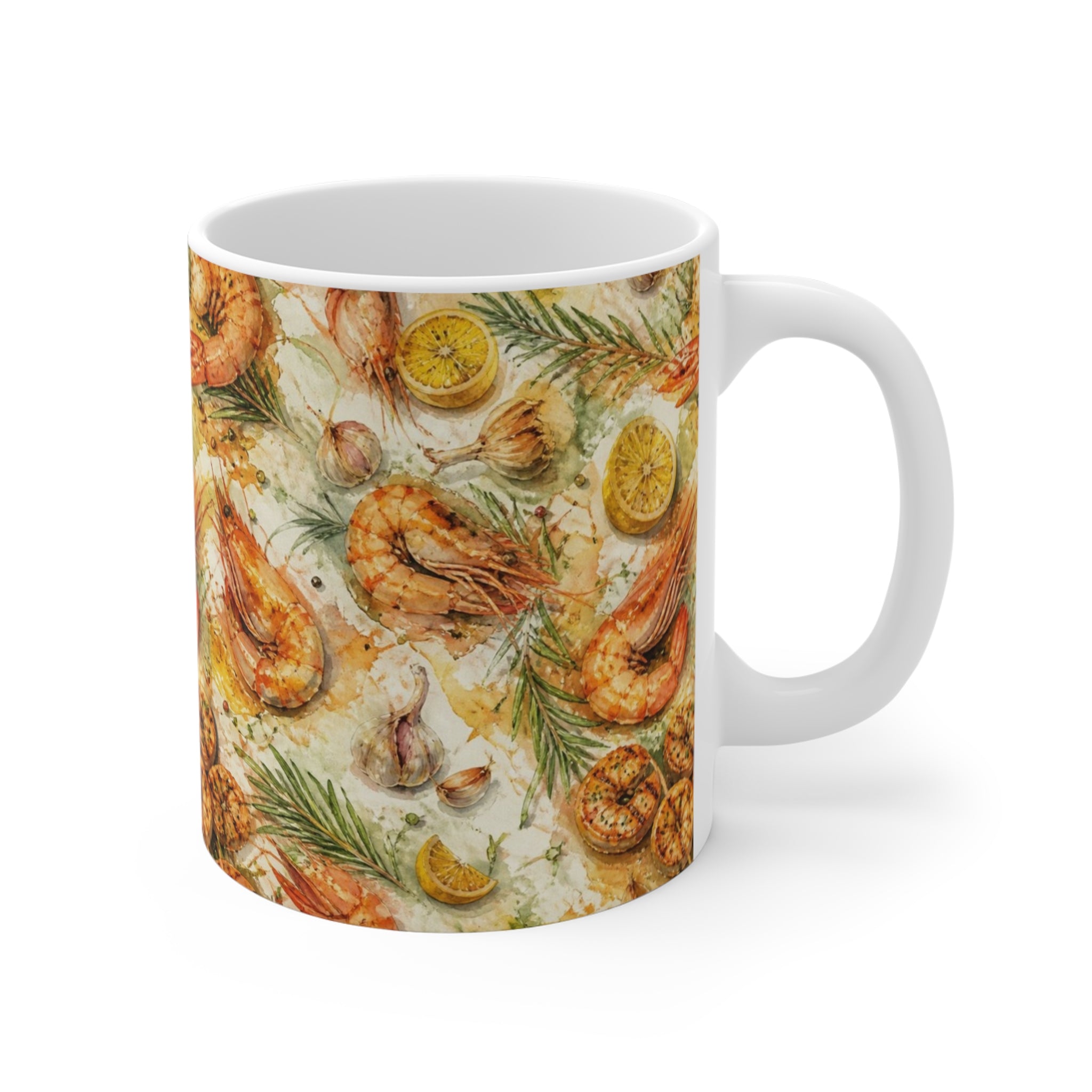 Mediterranean Shrimp 11oz Ceramic Mug Mediterranean Kitchen Watercolor Splash Design Italian Cottagecore Gift
