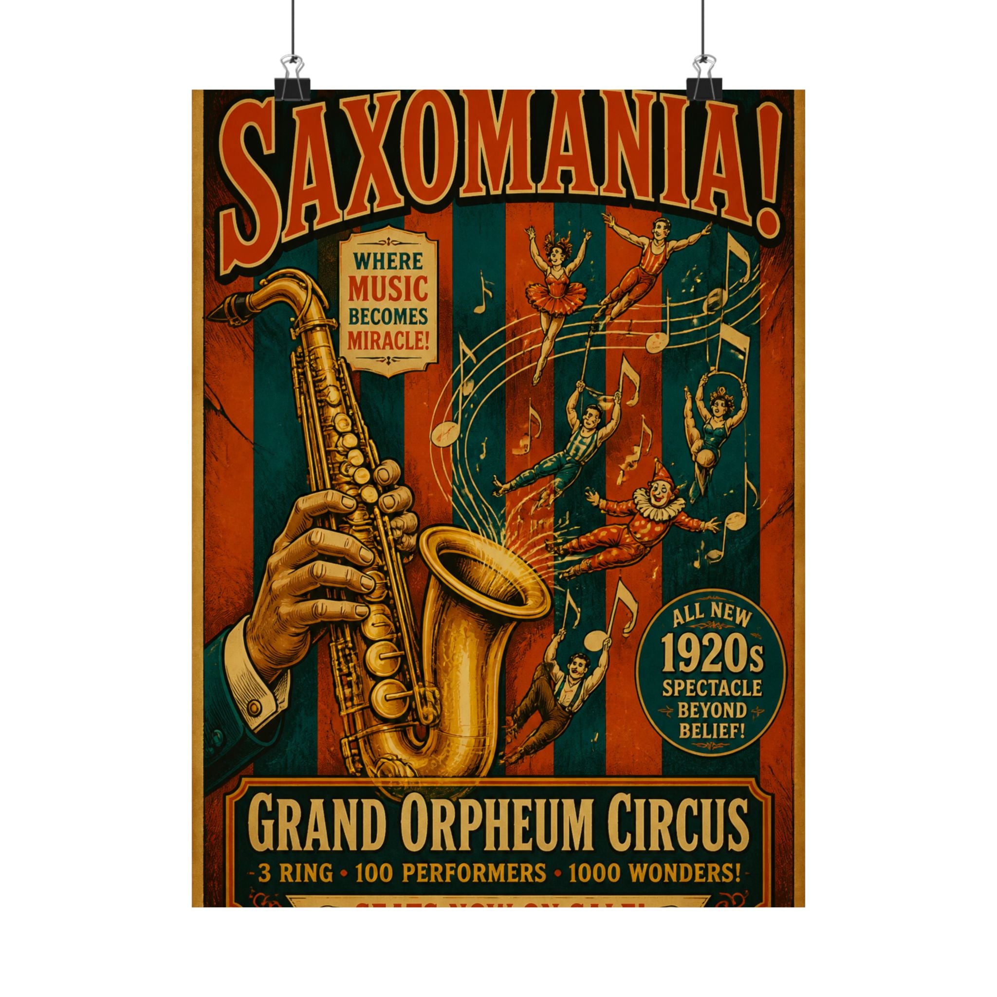 Saxophone Music Circus Wall Art Poster 18×24 Vintage Circus Kitchen Decor Maximalist Print