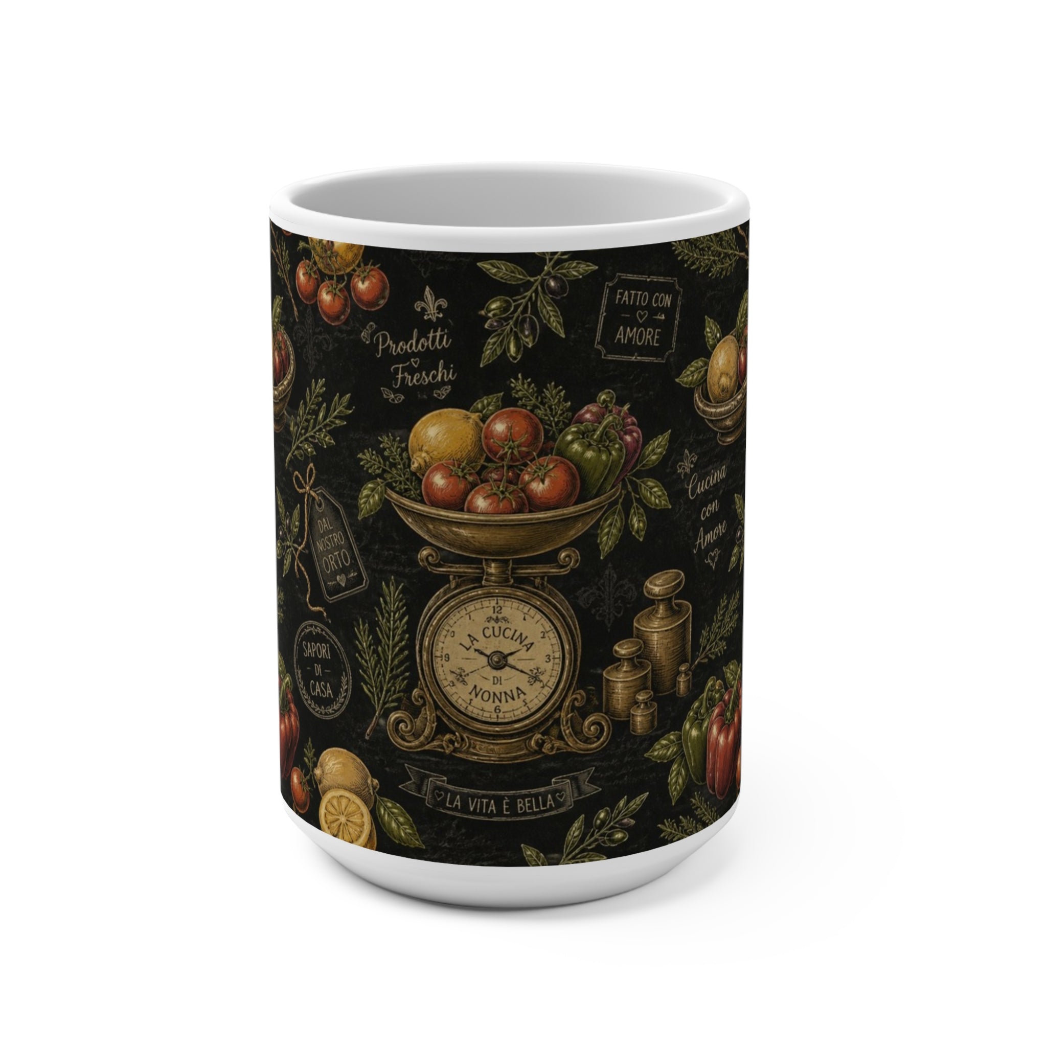 Vintage Kitchen Scale 15oz Ceramic Mug Mediterranean Kitchen Chalk Art Design Italian Cottagecore Gift