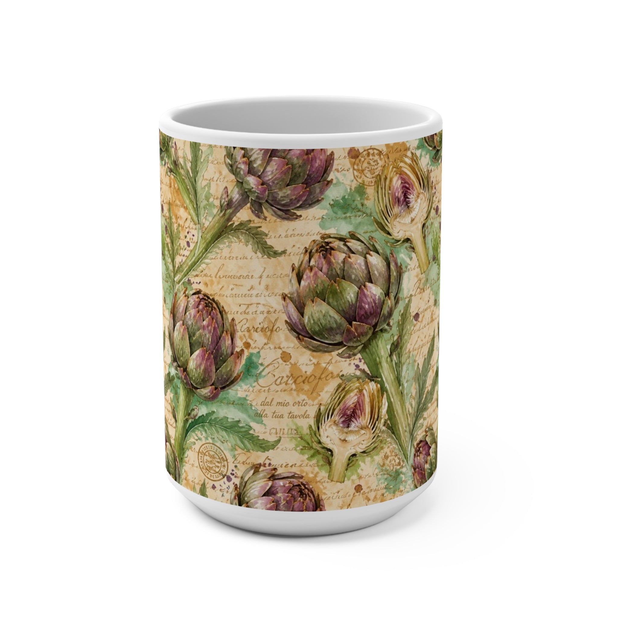 Globe Artichokes 15oz Ceramic Mug Mediterranean Kitchen Watercolor Splash Design Italian Cottagecore Gift