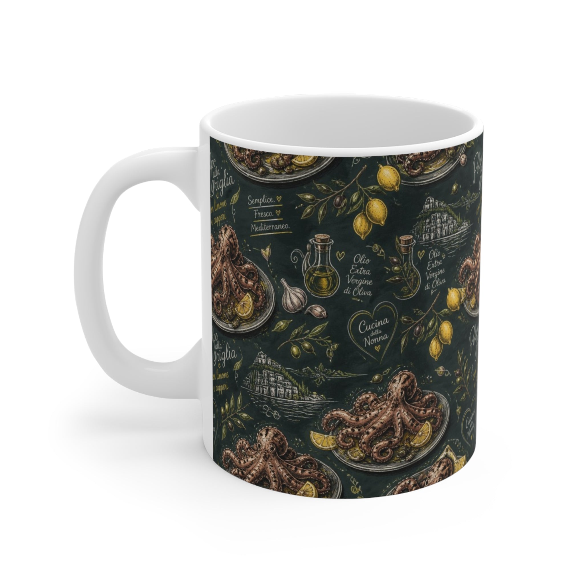 Grilled Octopus 11oz Ceramic Mug Mediterranean Kitchen Chalk Art Design Italian Cottagecore Gift