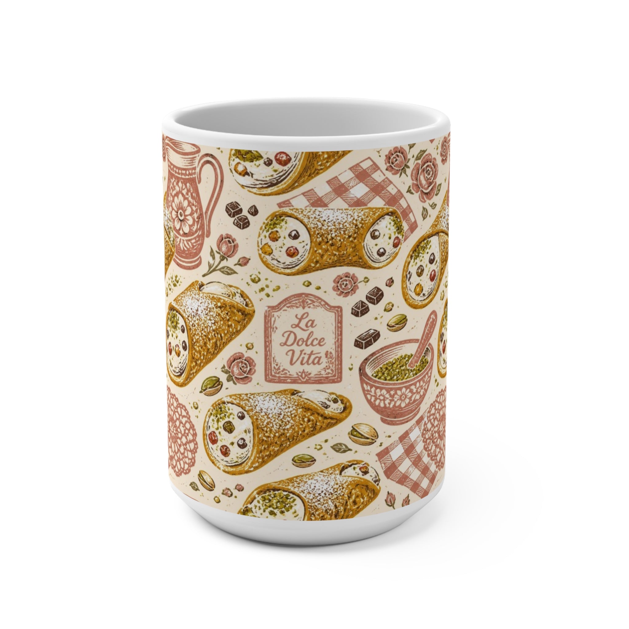 Sicilian Cannoli 15oz Ceramic Mug Mediterranean Kitchen Linocut Design Italian Cottagecore Gift