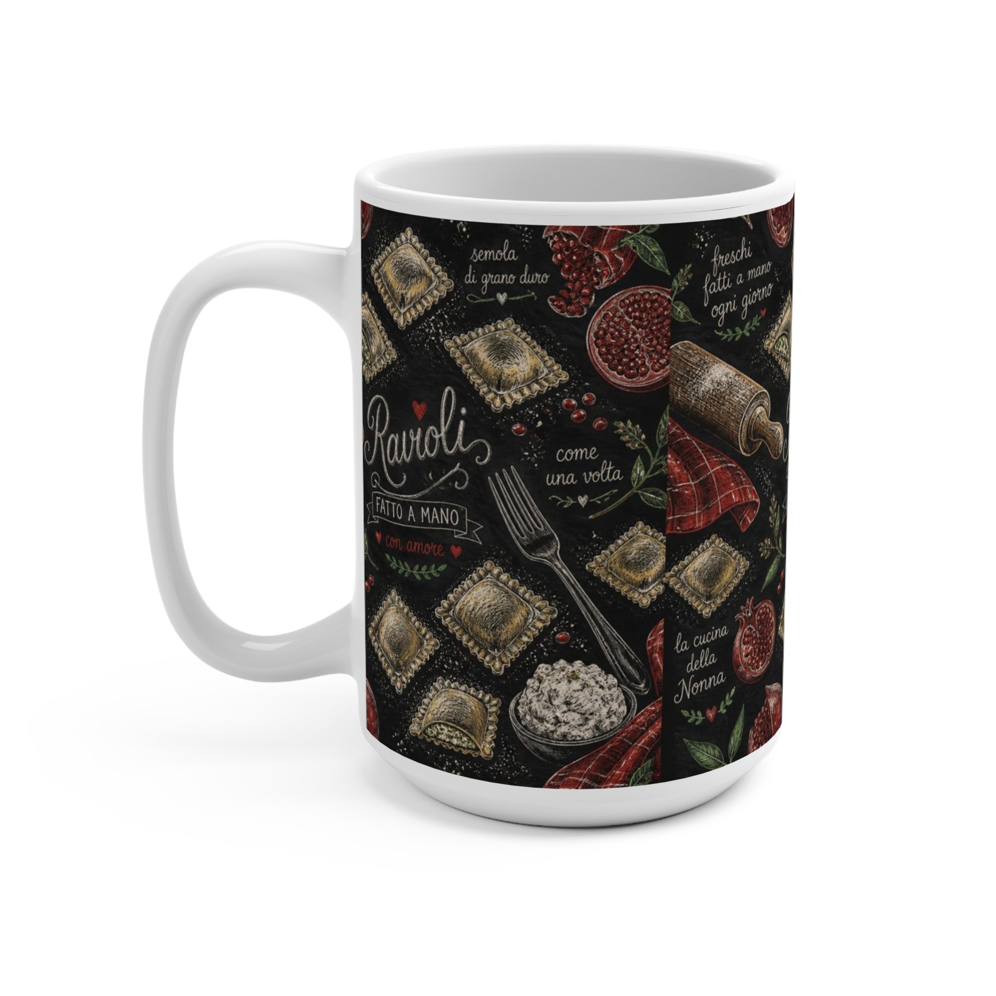 Fresh Ravioli 15oz Ceramic Mug Mediterranean Kitchen Chalk Art Design Italian Cottagecore Gift