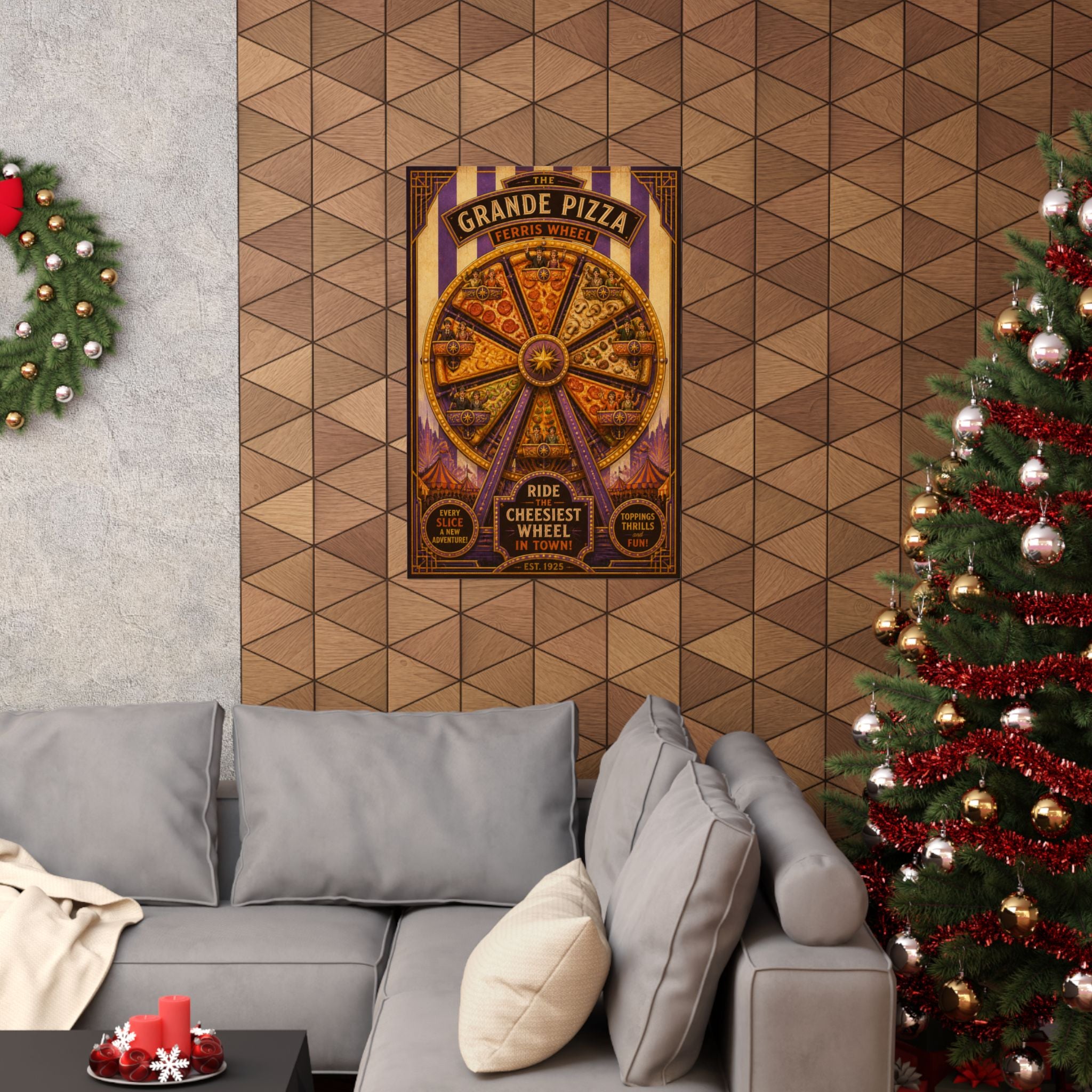 Pizza Ferris Wheel Wall Art Poster 18×24 Art Deco Entryway Decor Maximalist Print