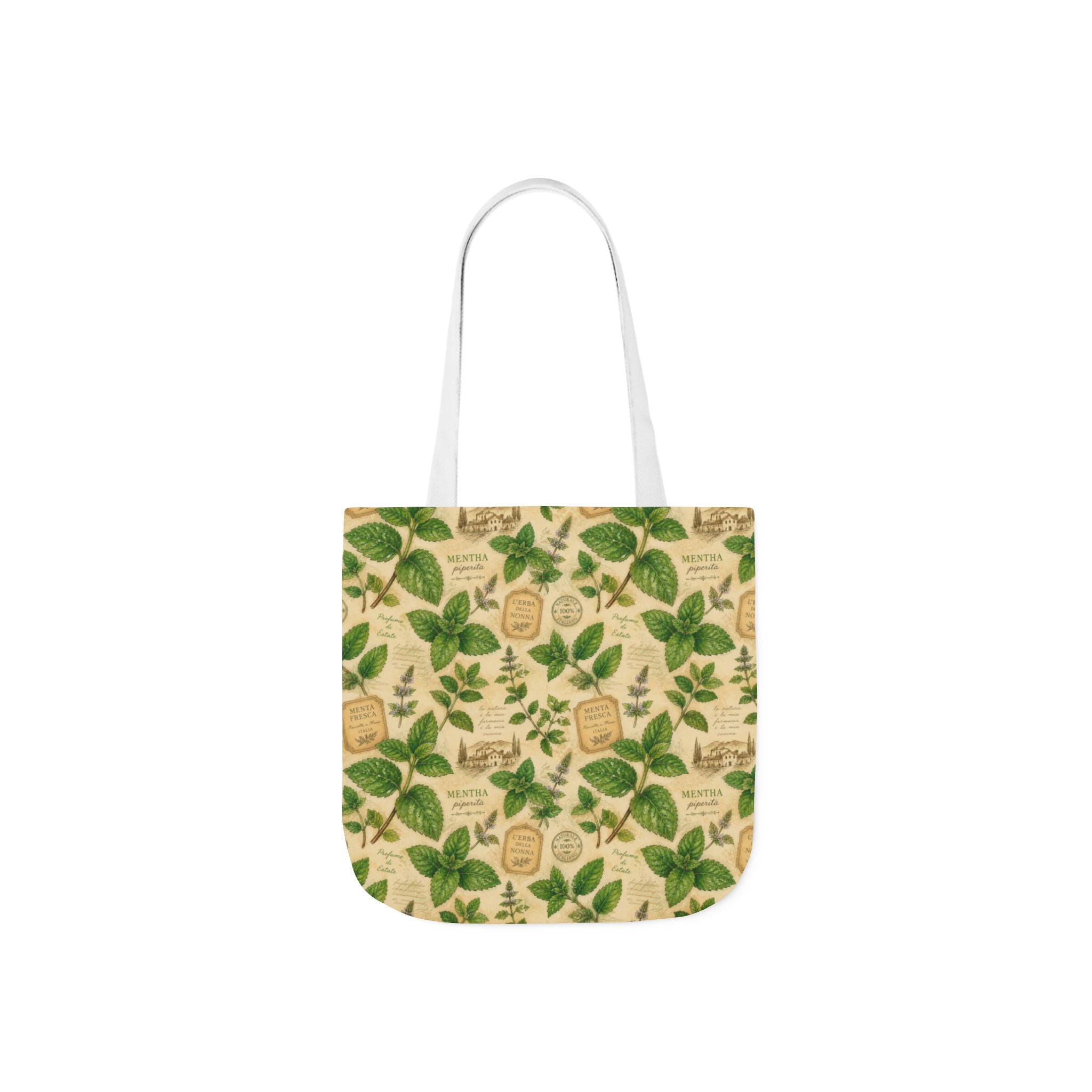 Fresh Mint Leaves Canvas Tote Bag Mediterranean Kitchen Watercolor Design Italian Cottagecore Gift