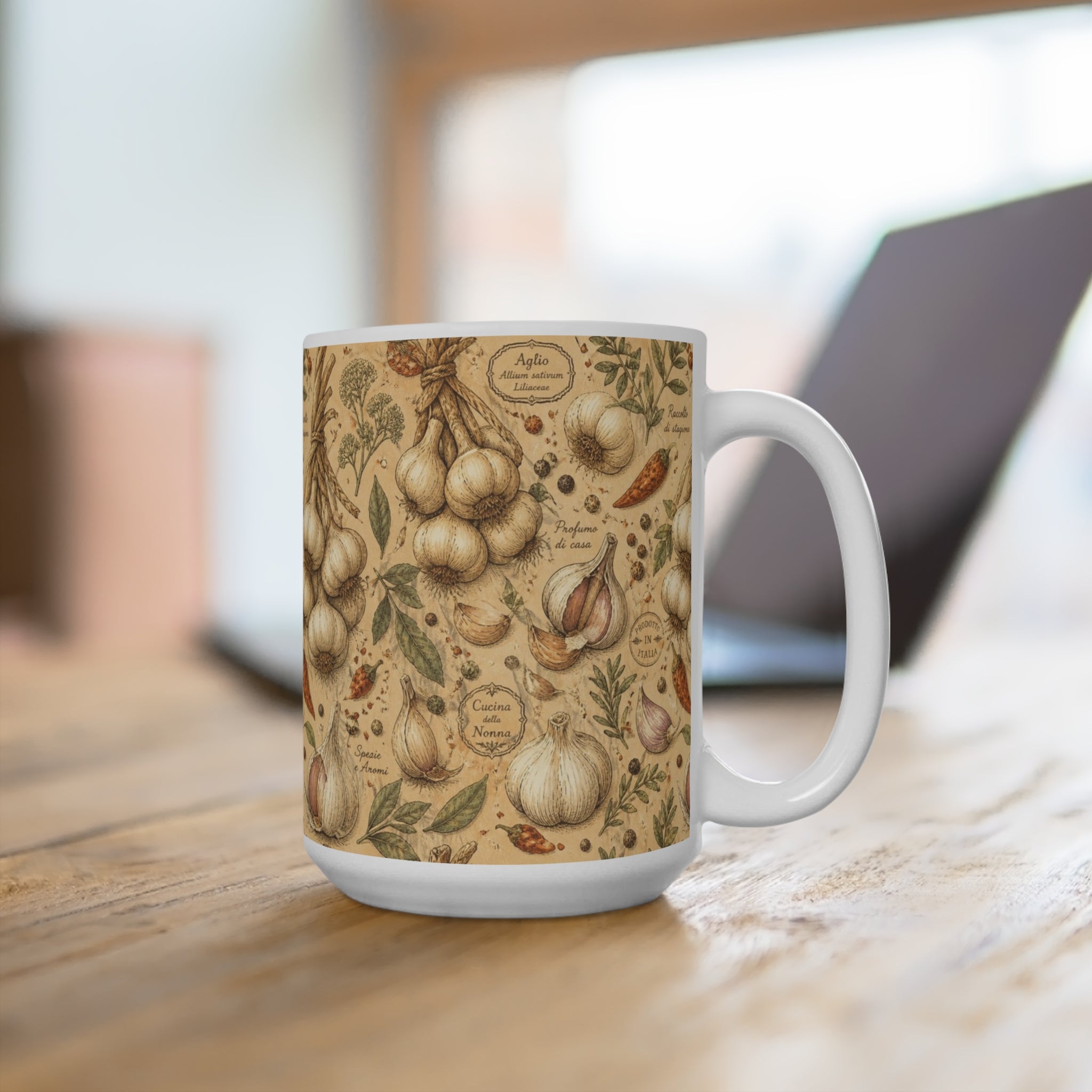 Garlic Bulbs & Cloves 15oz Ceramic Mug Mediterranean Kitchen Botanical Design Italian Cottagecore Gift