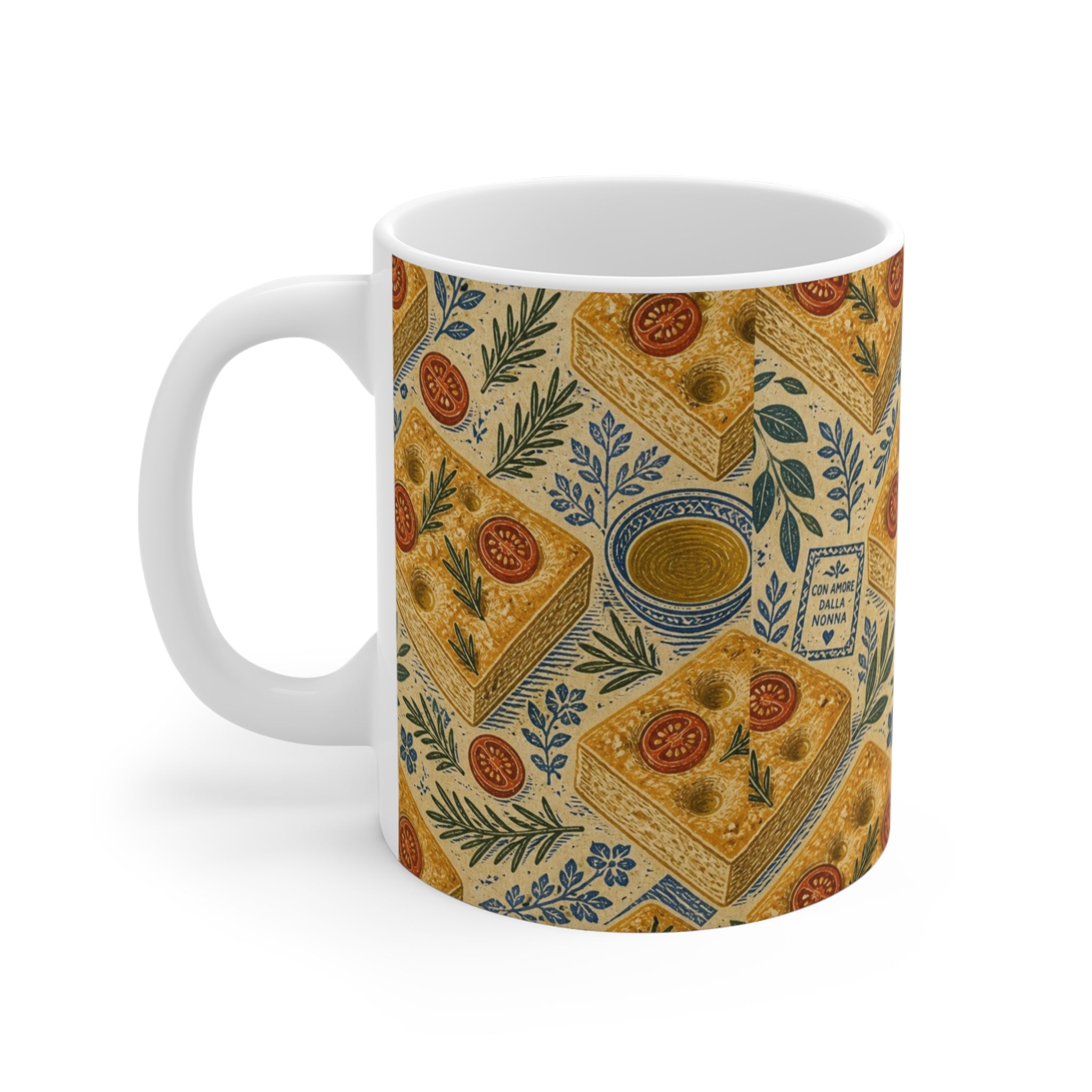 Focaccia Bread 11oz Ceramic Mug Mediterranean Kitchen Linocut Design Italian Cottagecore Gift