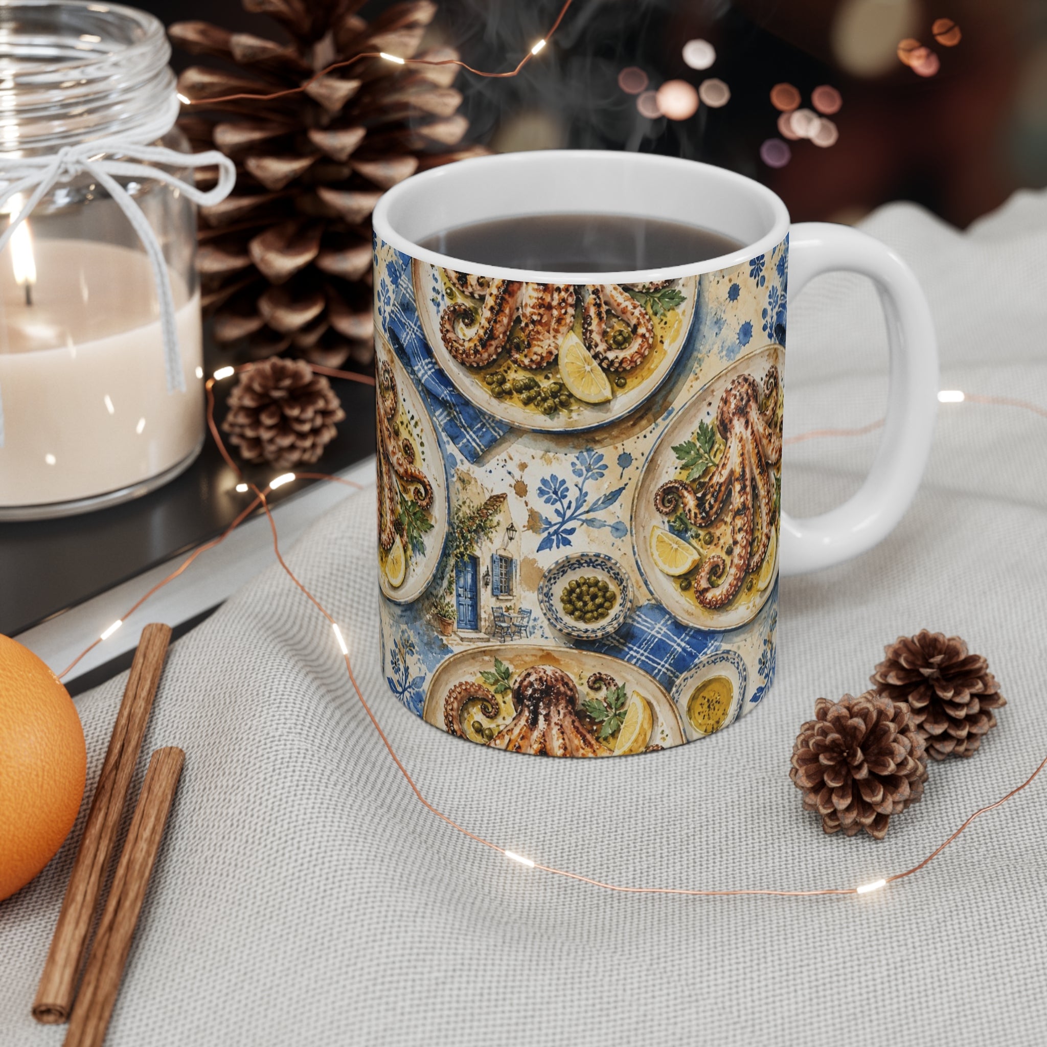 Grilled Octopus 11oz Ceramic Mug Mediterranean Kitchen Watercolor Splash Design Italian Cottagecore Gift