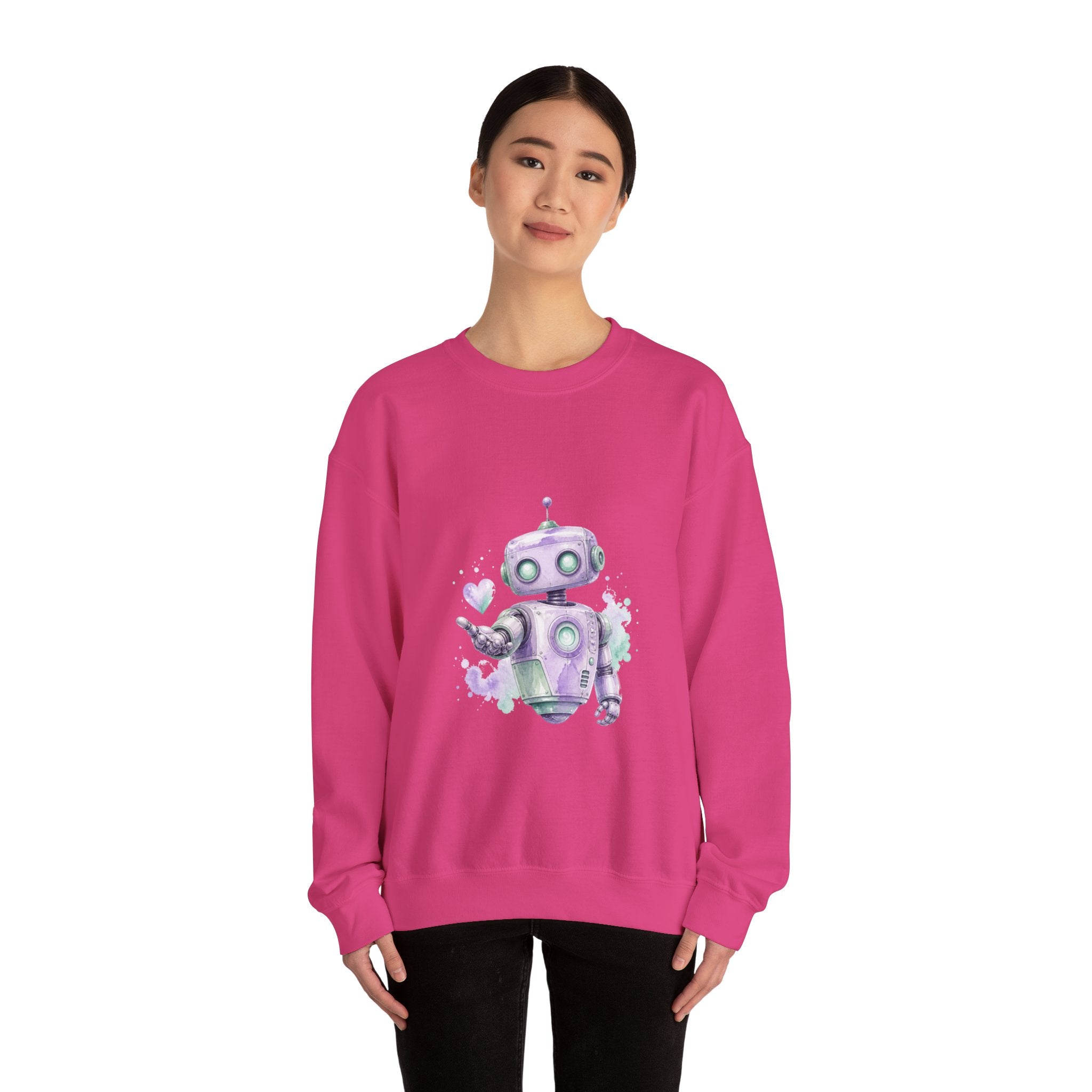 Matching Couple Sweatshirt - Robot & Heart Matching Couple Premium Fleece Sweatshirt Watercolor Art His Hers Birthday Gift - Design A