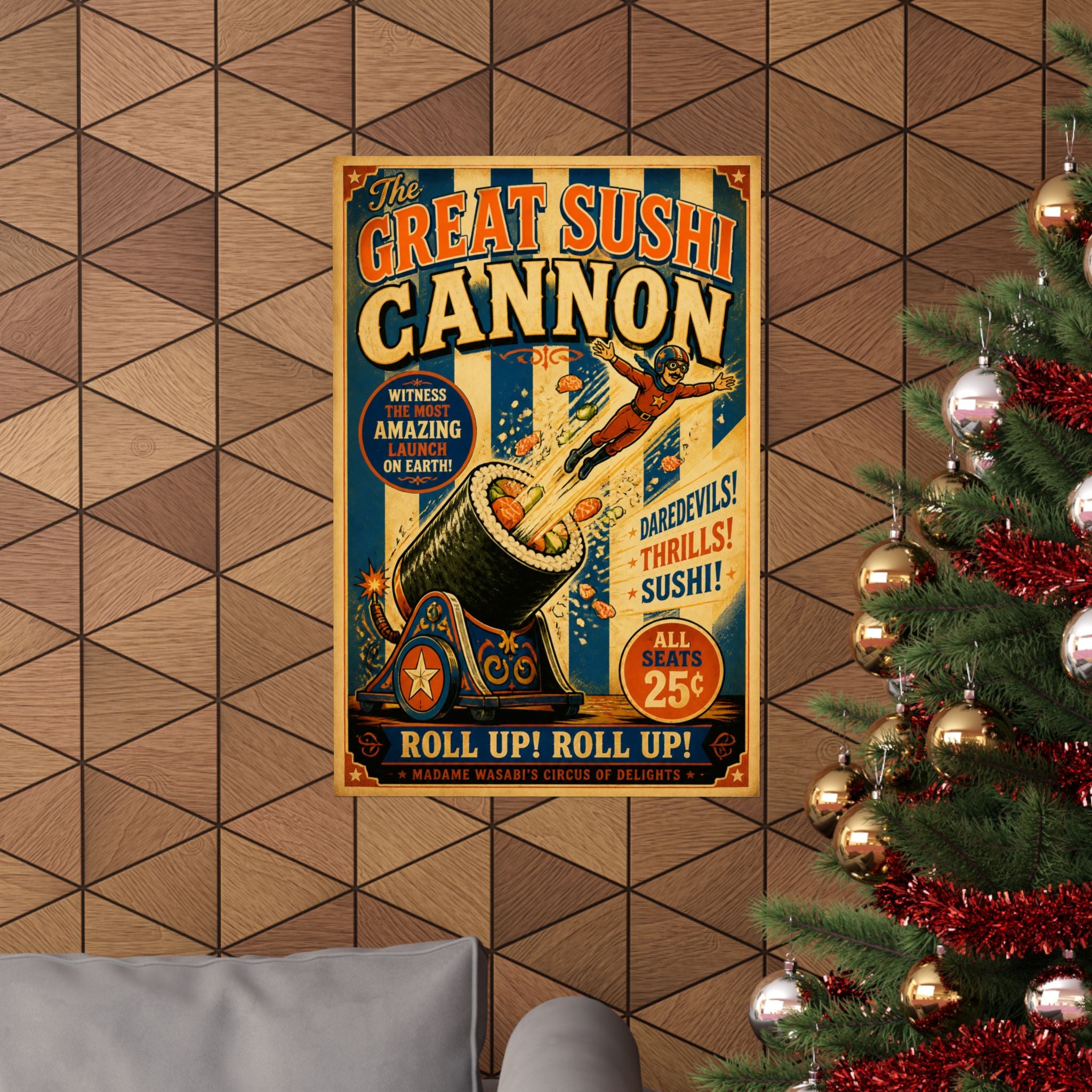 Sushi Roll Cannon Wall Art Poster 18×24 Vintage Circus Kitchen Decor Maximalist Print