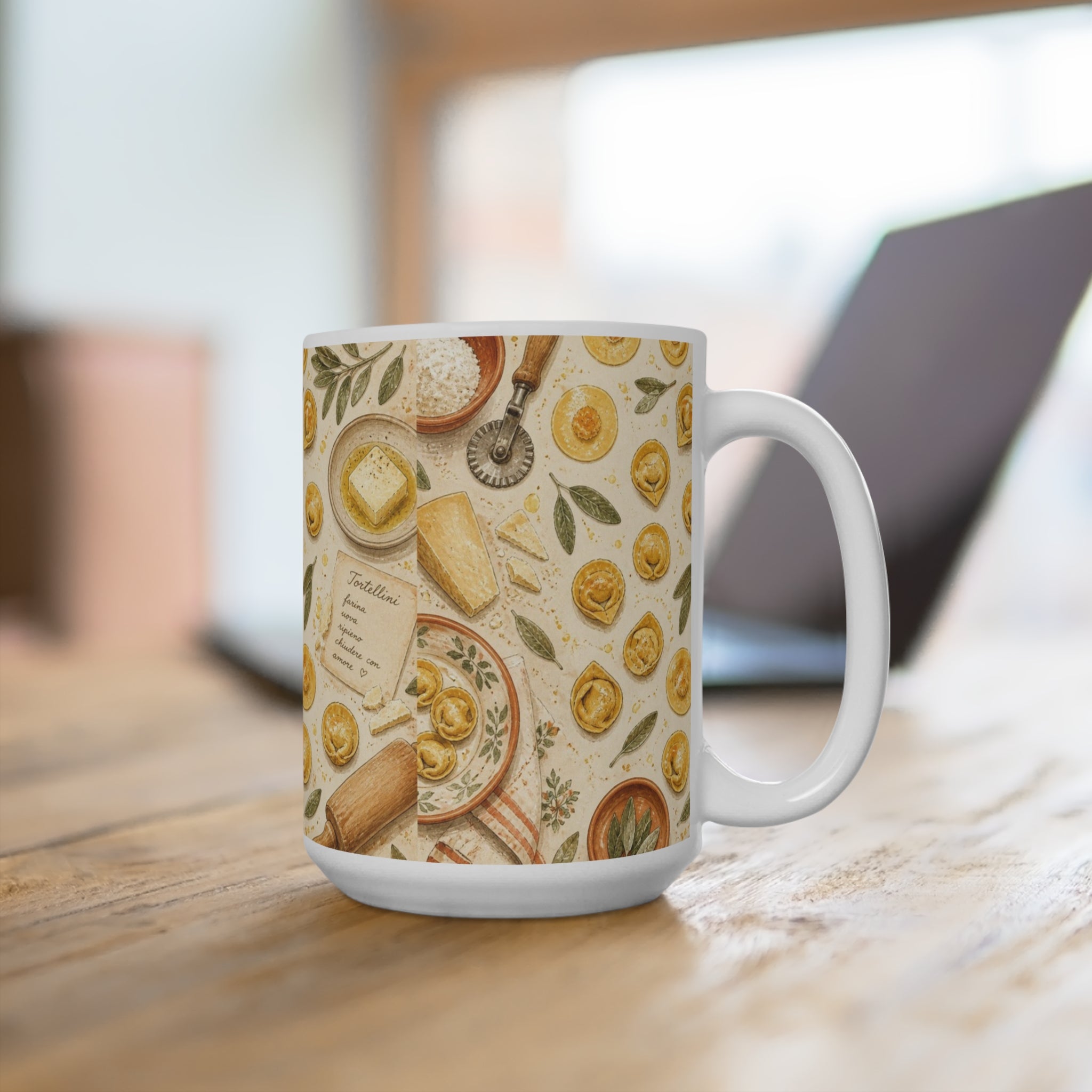 Tortellini with Sage 15oz Ceramic Mug Mediterranean Kitchen Watercolor Design Italian Cottagecore Gift