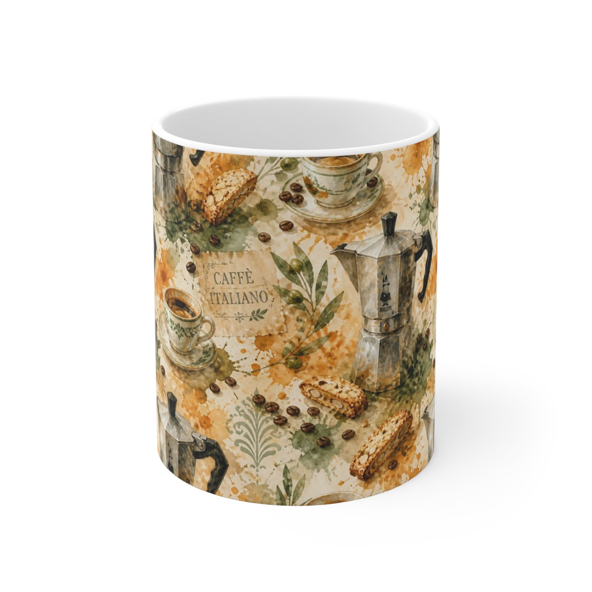 Espresso Moka Pot 11oz Ceramic Mug Mediterranean Kitchen Watercolor Splash Design Italian Cottagecore Gift
