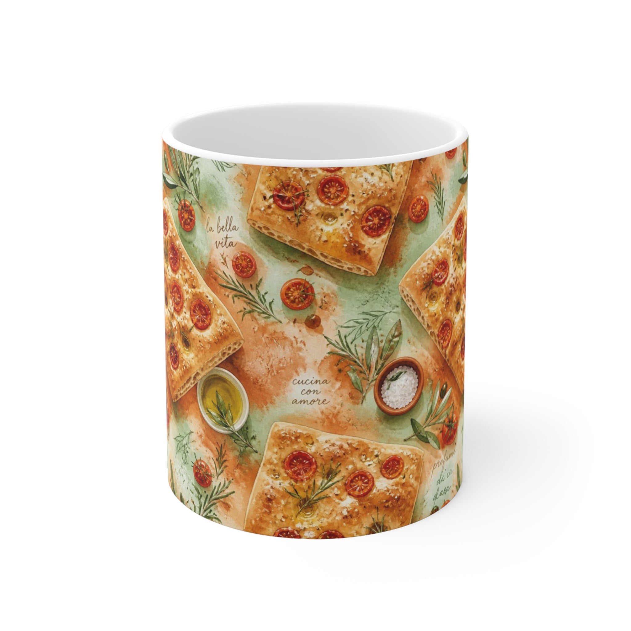 Focaccia Bread 11oz Ceramic Mug Mediterranean Kitchen Watercolor Splash Design Italian Cottagecore Gift
