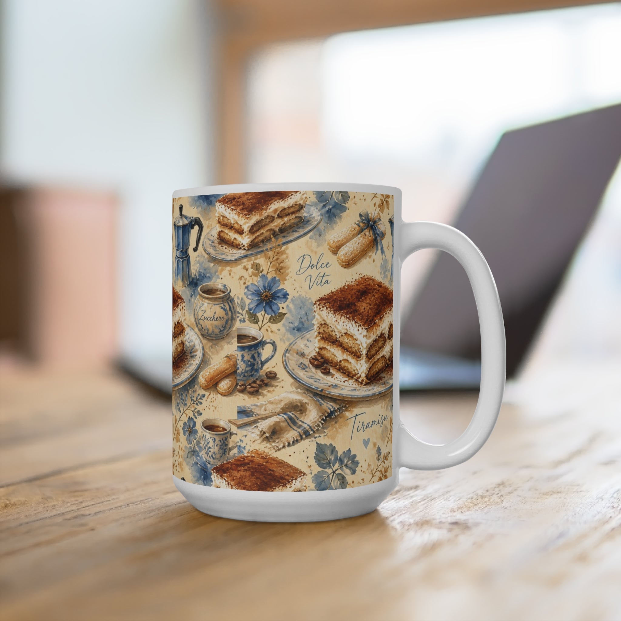Tiramisu Layers 15oz Ceramic Mug Mediterranean Kitchen Watercolor Splash Design Italian Cottagecore Gift