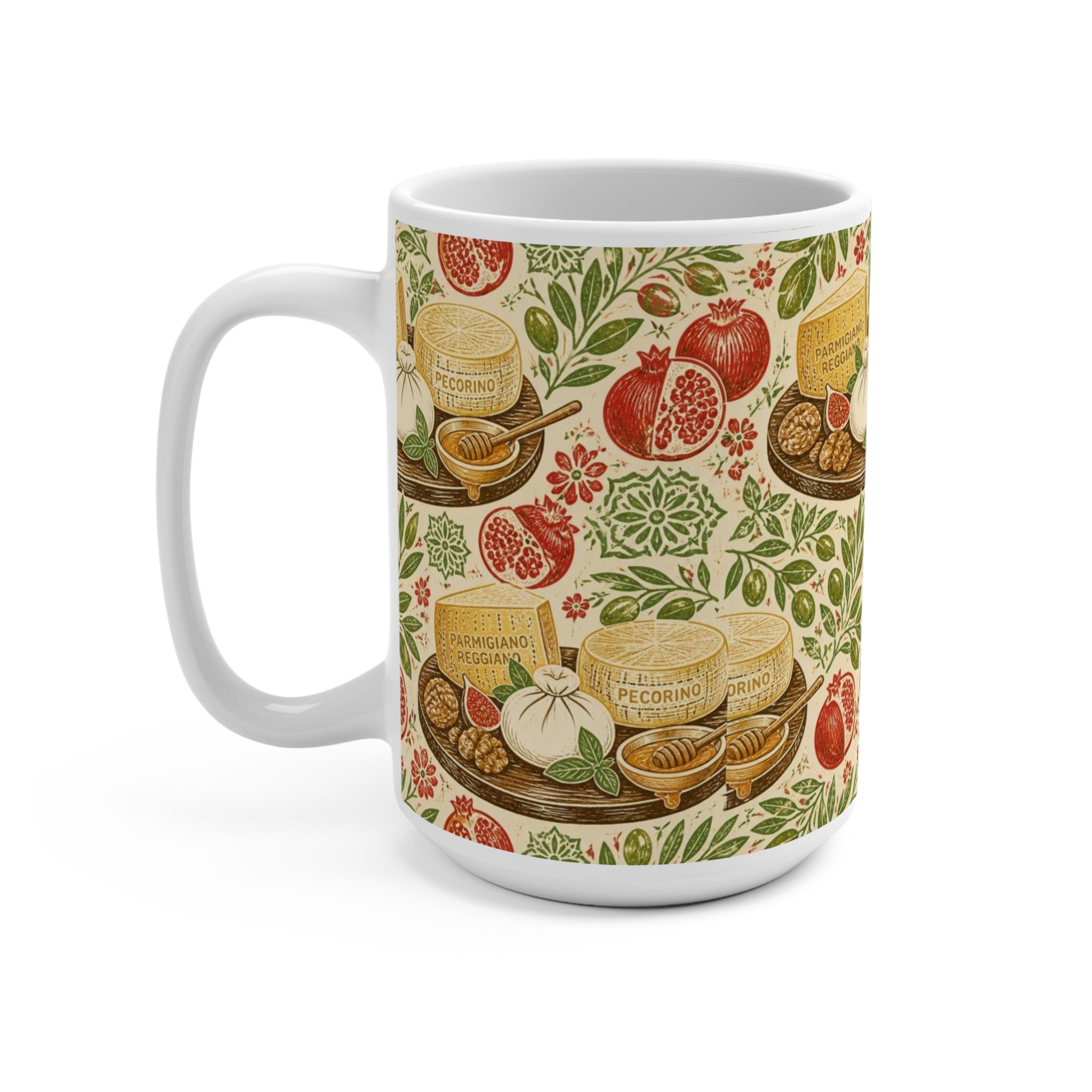 Italian Cheese Board 15oz Ceramic Mug Mediterranean Kitchen Linocut Design Italian Cottagecore Gift