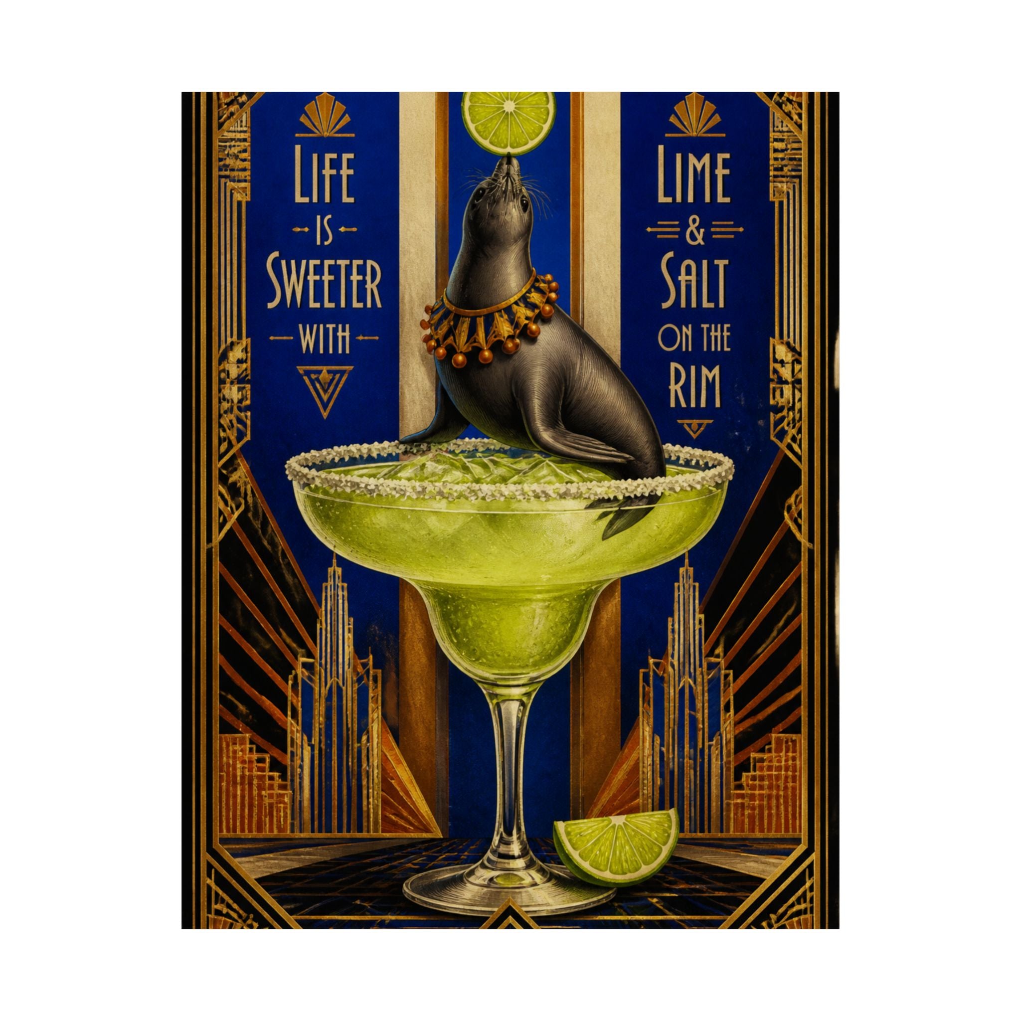 Margarita Balancing Seal Wall Art Poster 24×36 Art Deco Bar Area Decor Maximalist Print