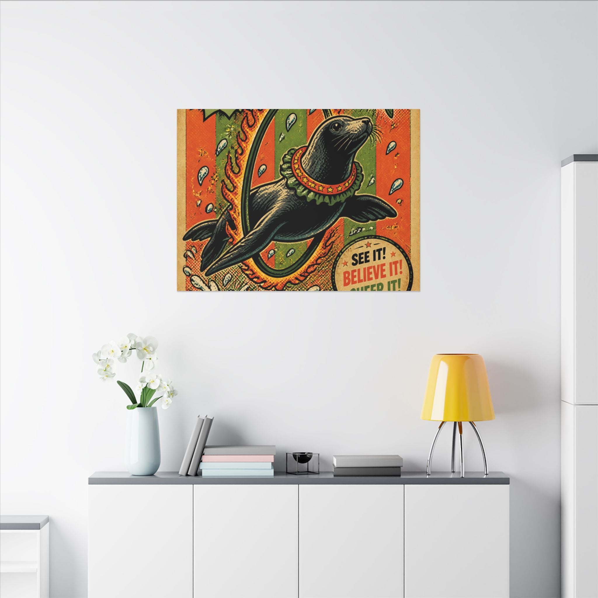 Seal Fire Hoop Wall Art Canvas 24×36 Pop Art Restaurant Decor Maximalist Print