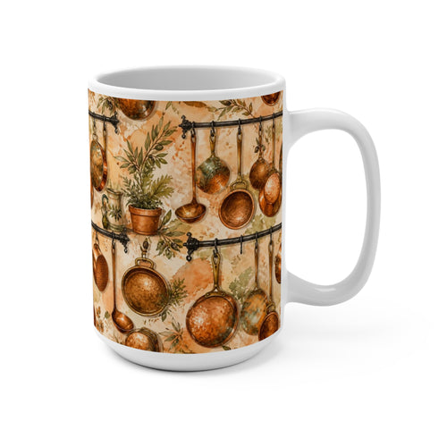 Copper Cookware 15oz Ceramic Mug Mediterranean Kitchen Watercolor Splash Design Italian Cottagecore Gift