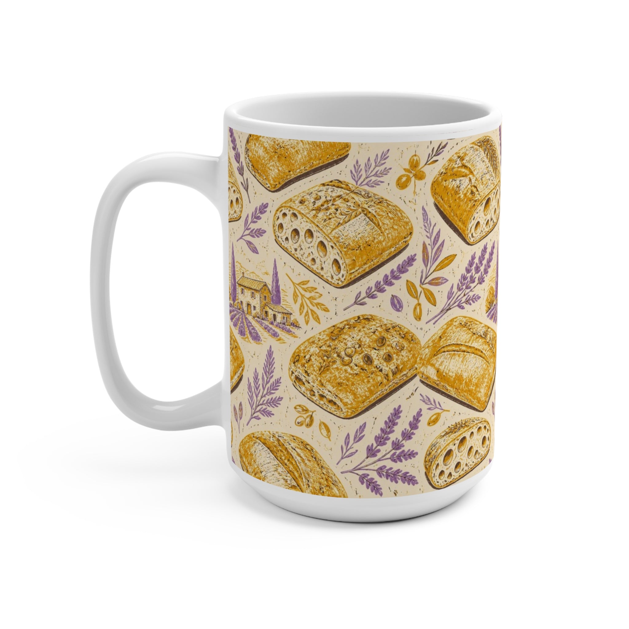 Ciabatta Rolls 15oz Ceramic Mug Mediterranean Kitchen Linocut Design Italian Cottagecore Gift