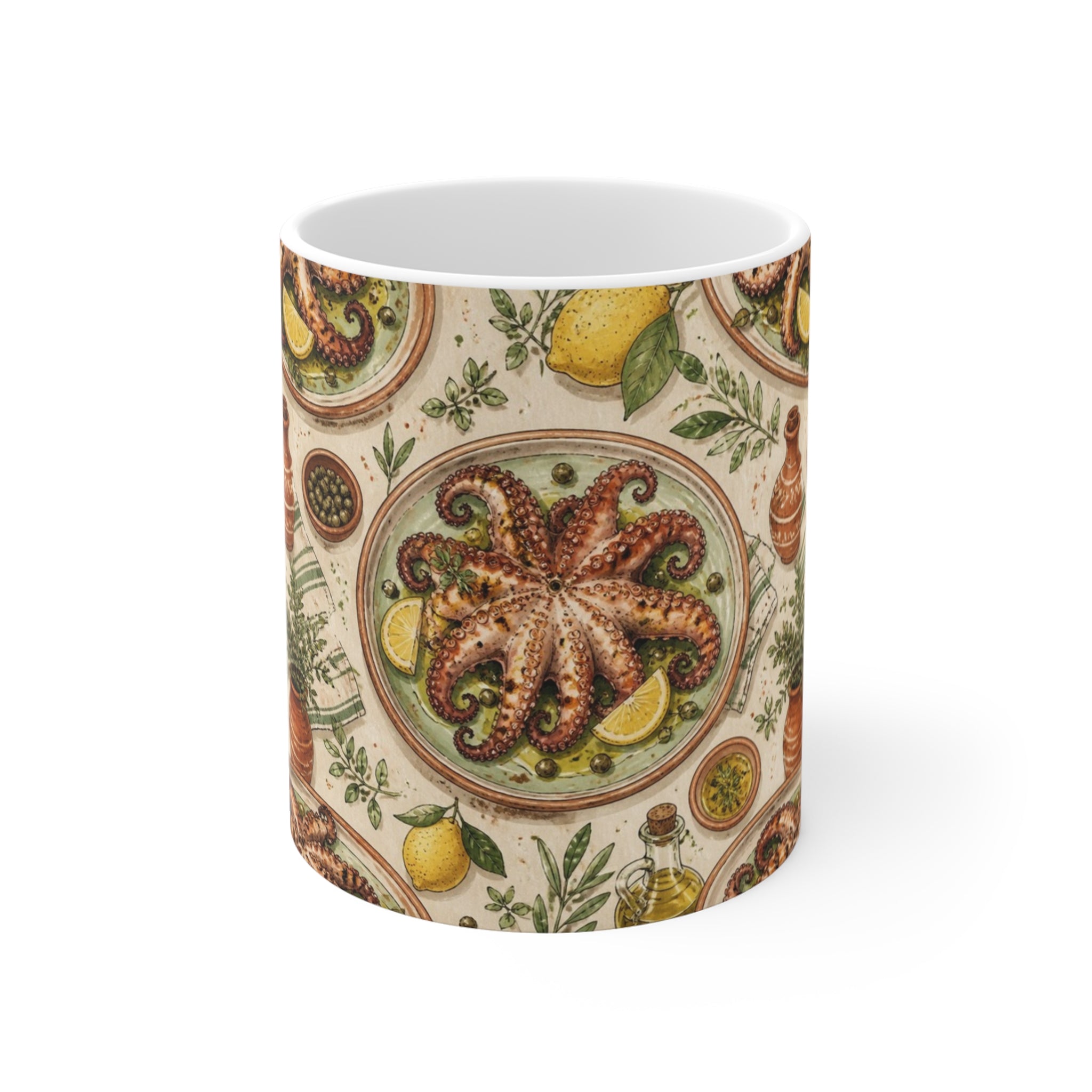 Grilled Octopus 11oz Ceramic Mug Mediterranean Kitchen Watercolor Design Italian Cottagecore Gift