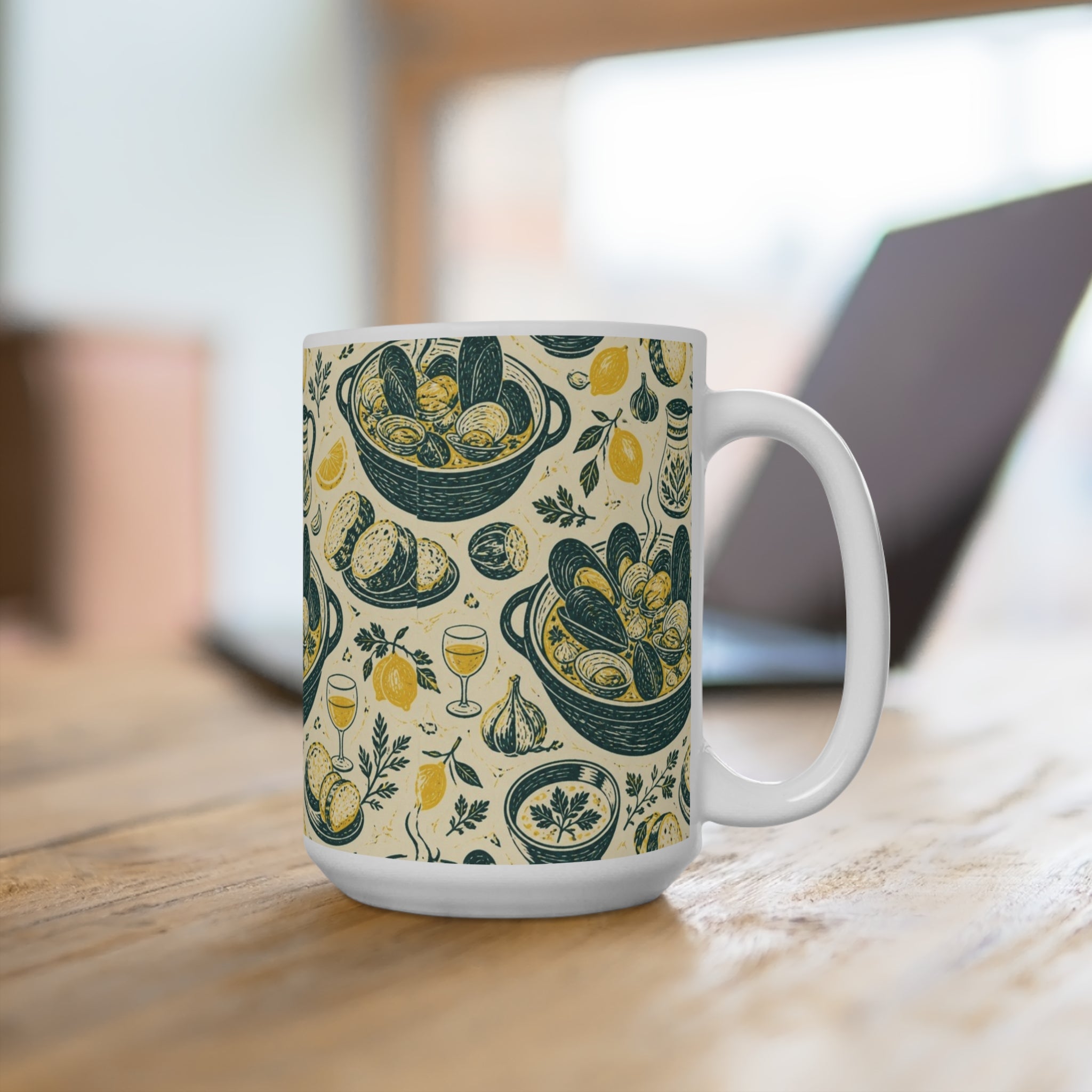 Mussels & Clams 15oz Ceramic Mug Mediterranean Kitchen Linocut Design Italian Cottagecore Gift