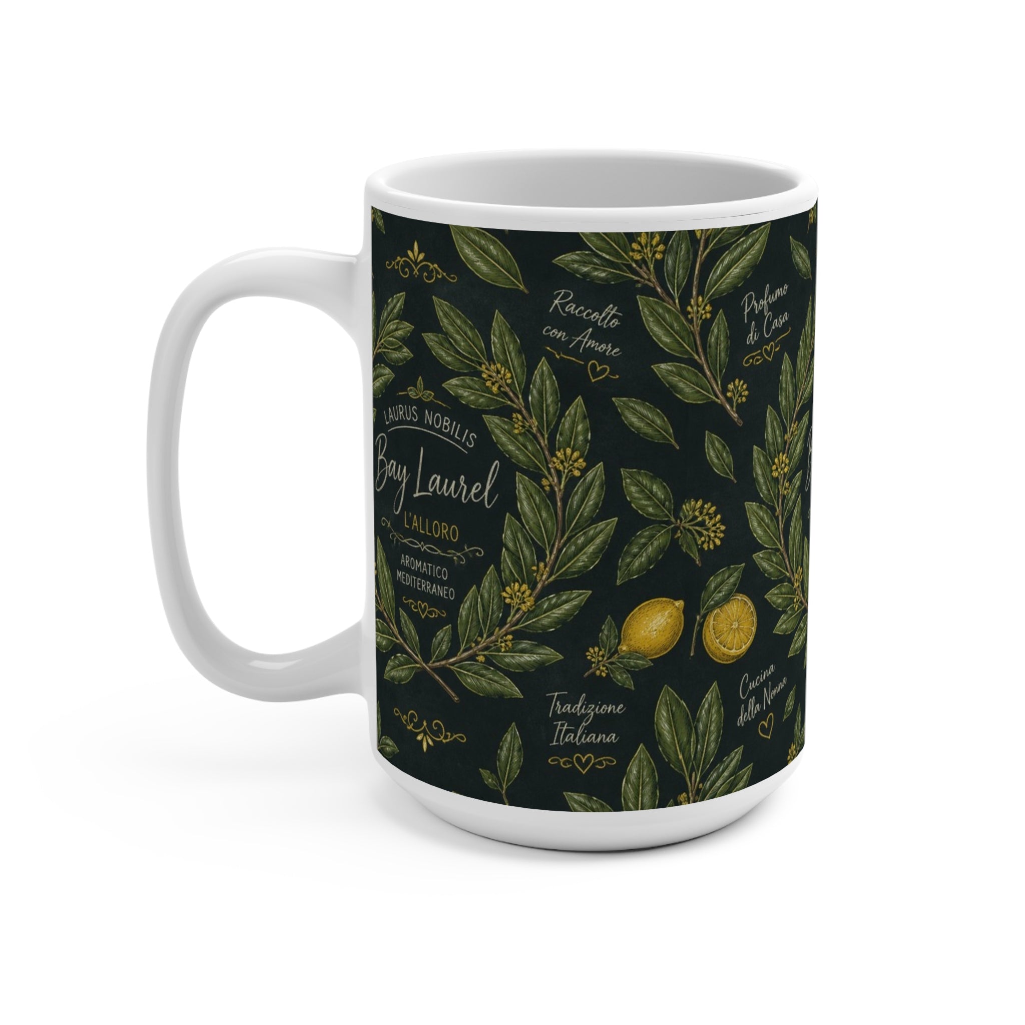 Bay Laurel Wreath 15oz Ceramic Mug Mediterranean Kitchen Chalk Art Design Italian Cottagecore Gift