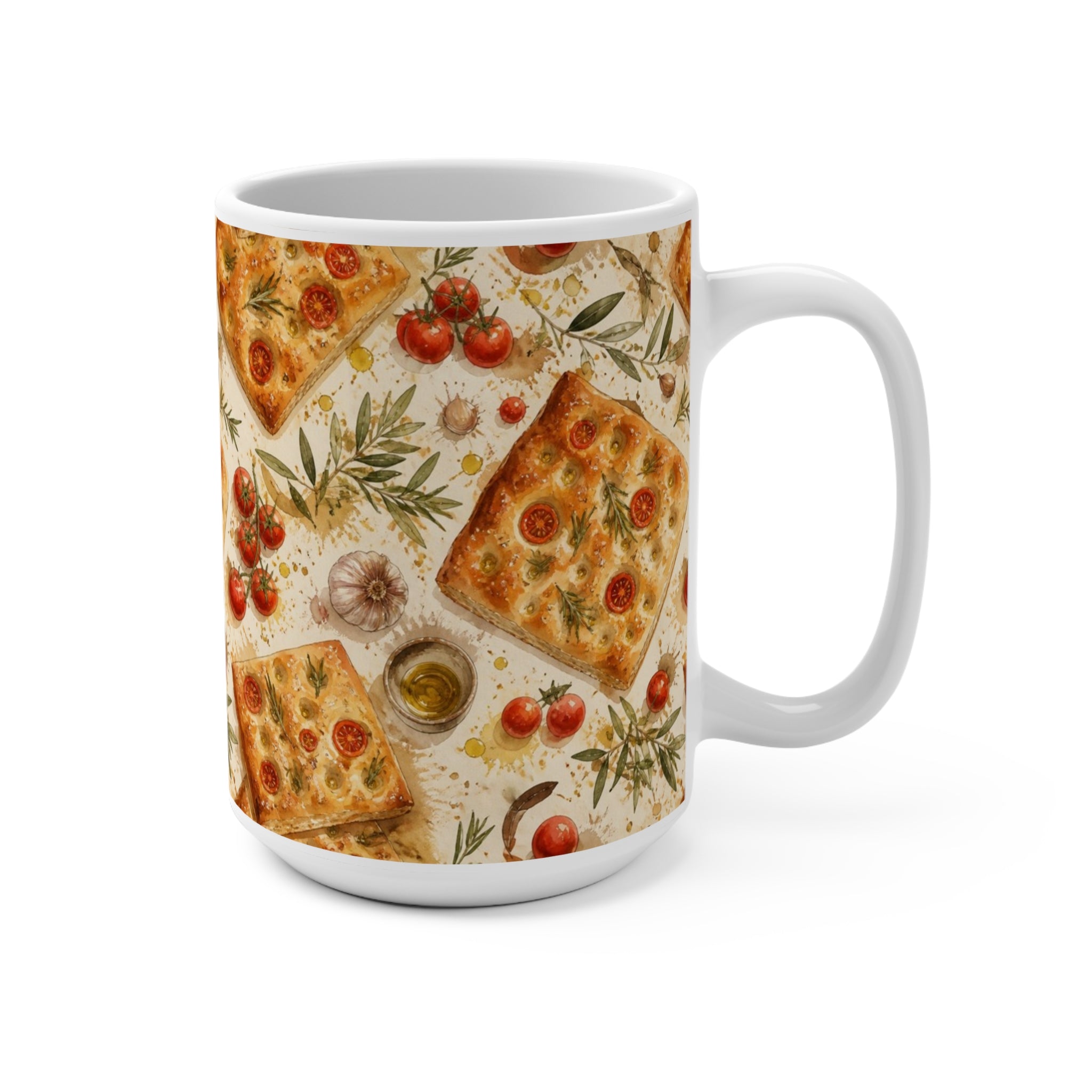 Focaccia Bread 15oz Ceramic Mug Mediterranean Kitchen Watercolor Splash Design Italian Cottagecore Gift