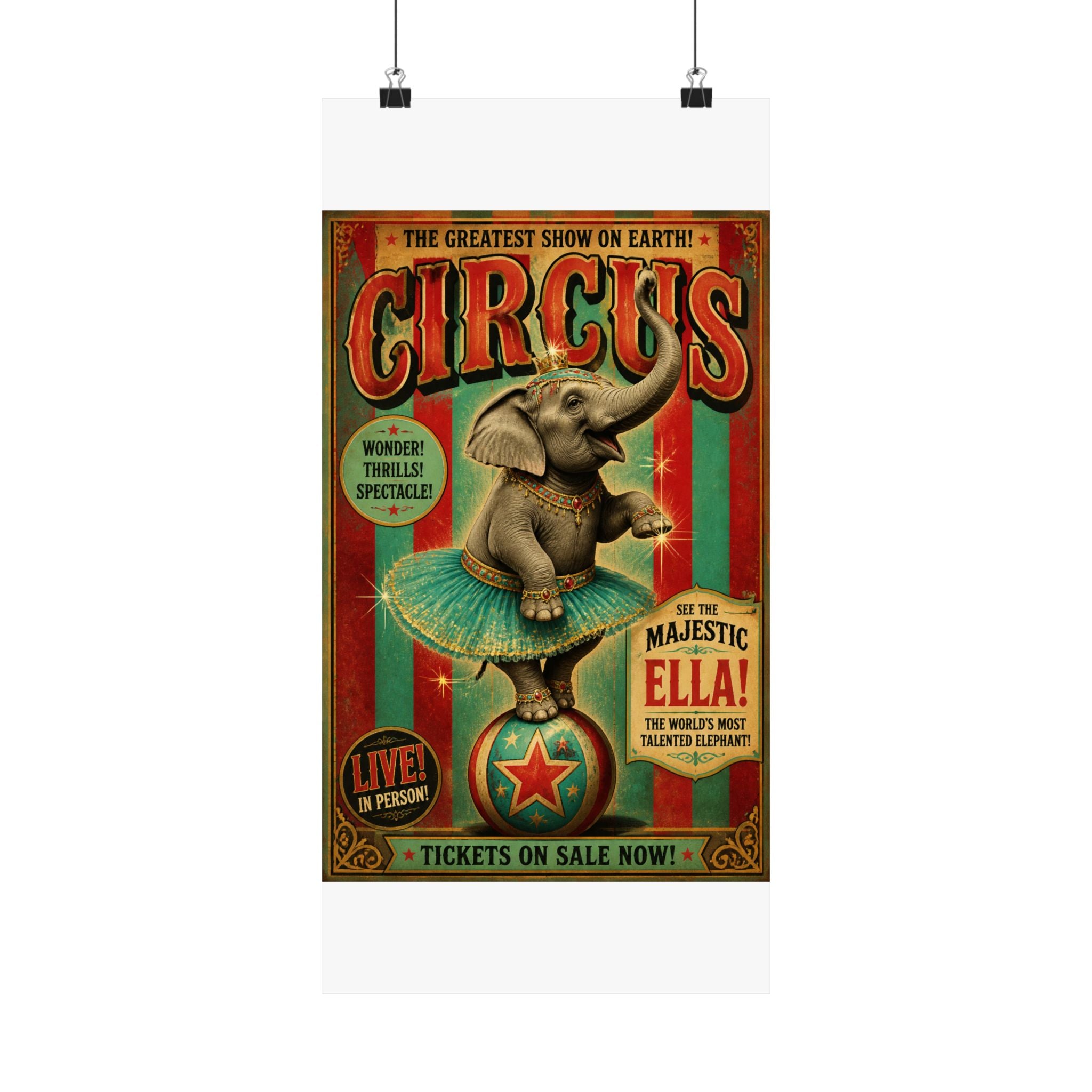 Elephant on Ball Wall Art Poster 24×36 Vintage Circus Bedroom Decor Maximalist Print
