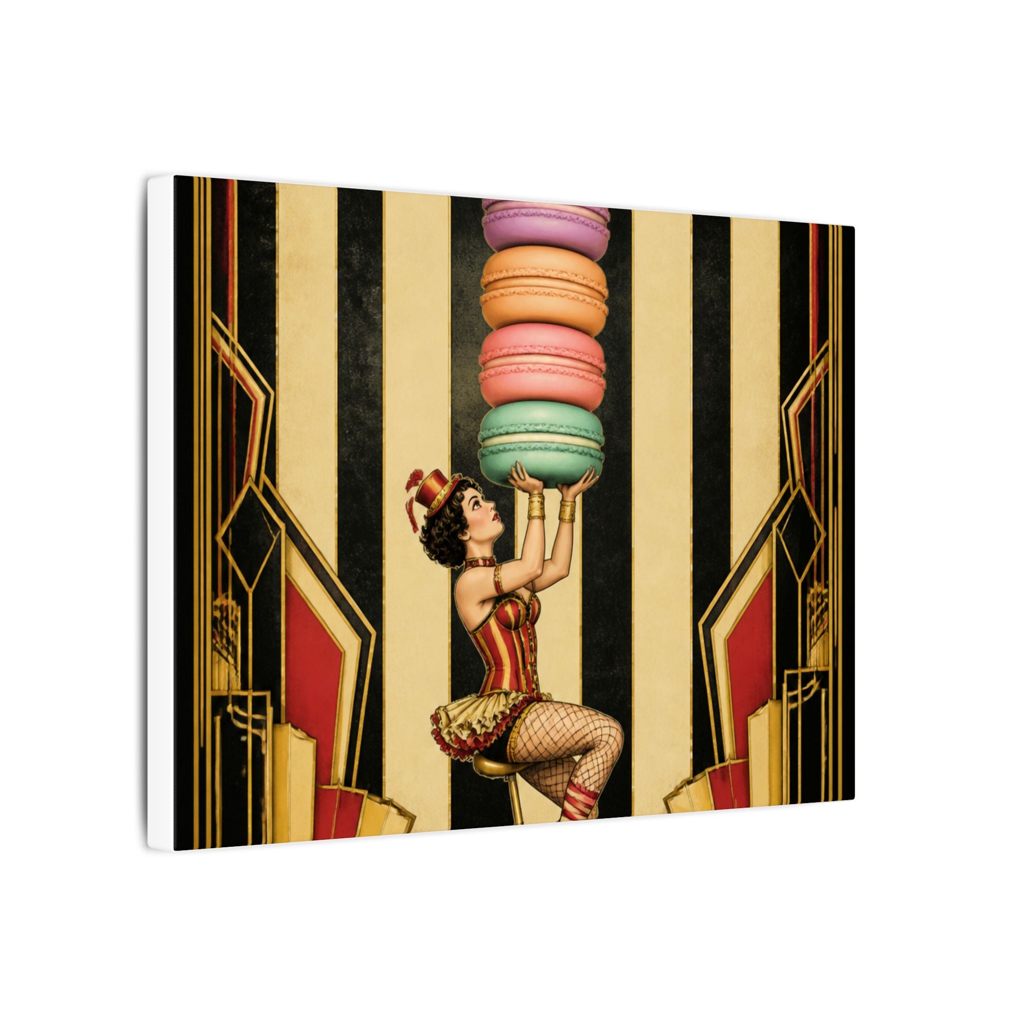 Macaron Balancing Tower Wall Art Canvas 24×36 Art Deco Bar Area Decor Maximalist Print