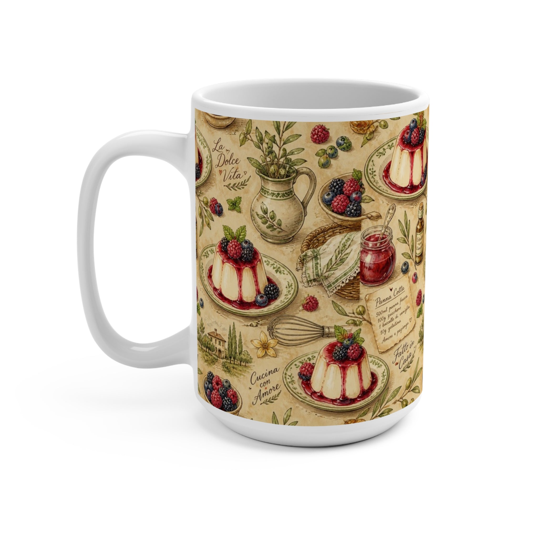 Panna Cotta 15oz Ceramic Mug Mediterranean Kitchen Watercolor Design Italian Cottagecore Gift