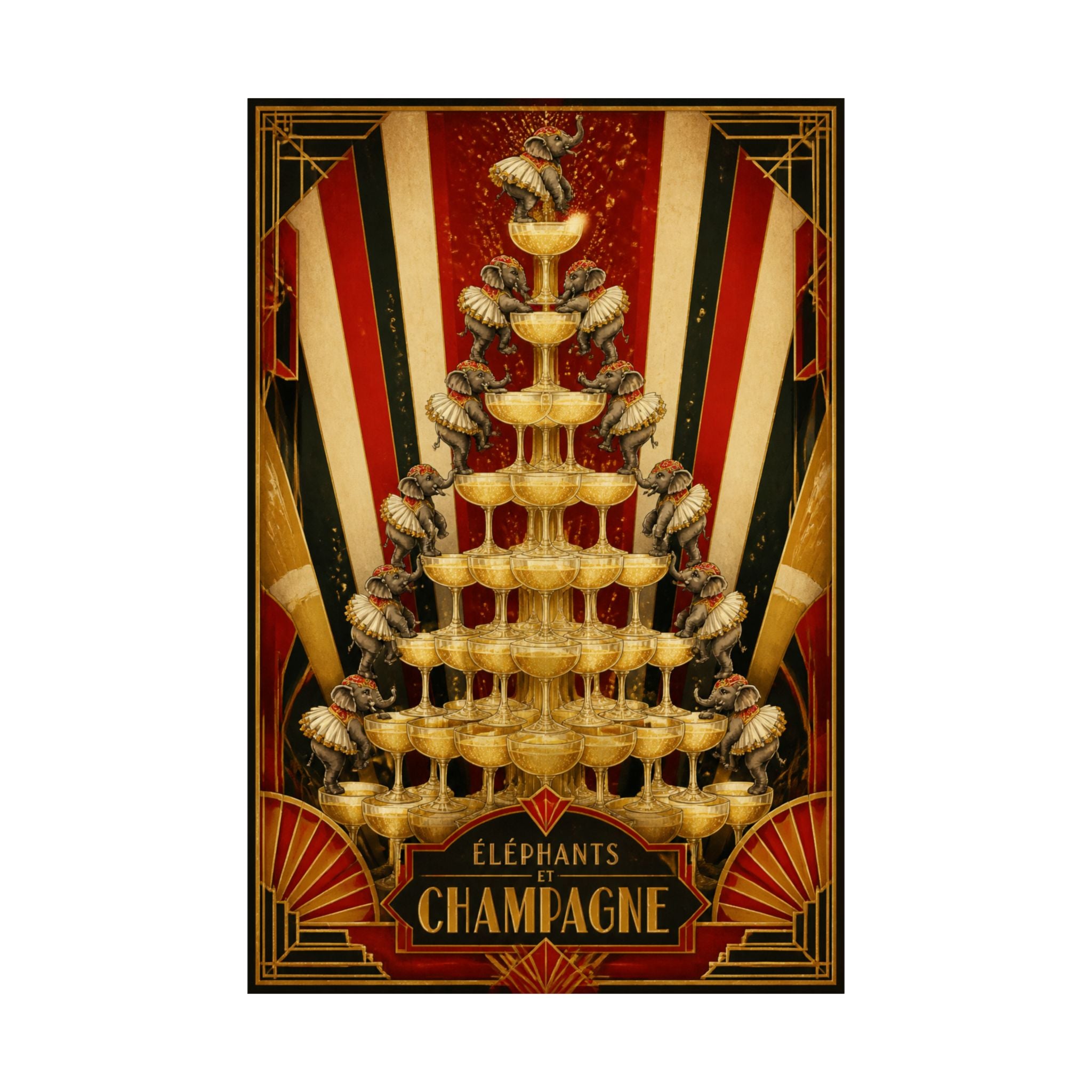 Champagne Tower Elephants Wall Art Poster 24×36 Art Deco Bar Area Decor Maximalist Print