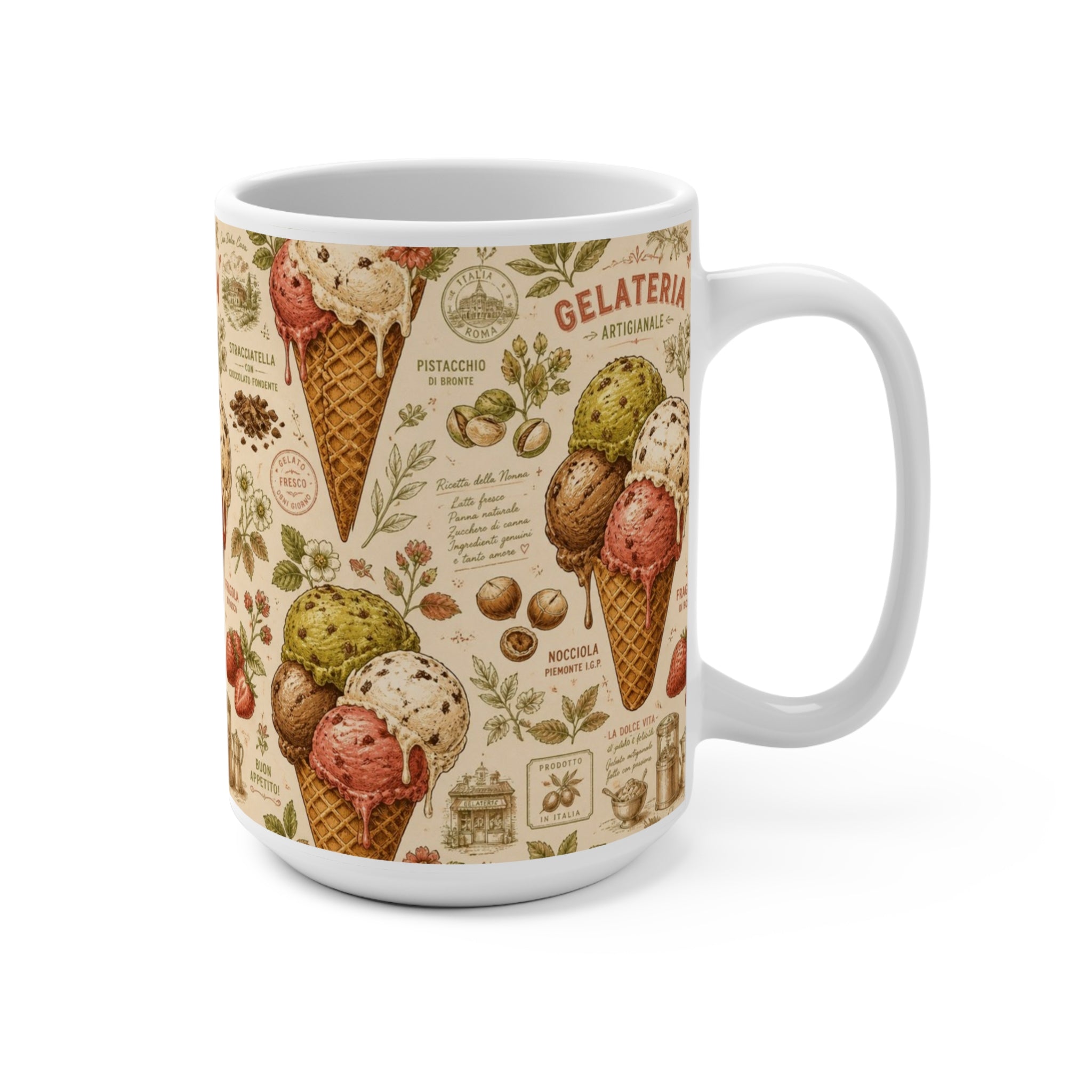 Gelato Scoops 15oz Ceramic Mug Mediterranean Kitchen Botanical Design Italian Cottagecore Gift