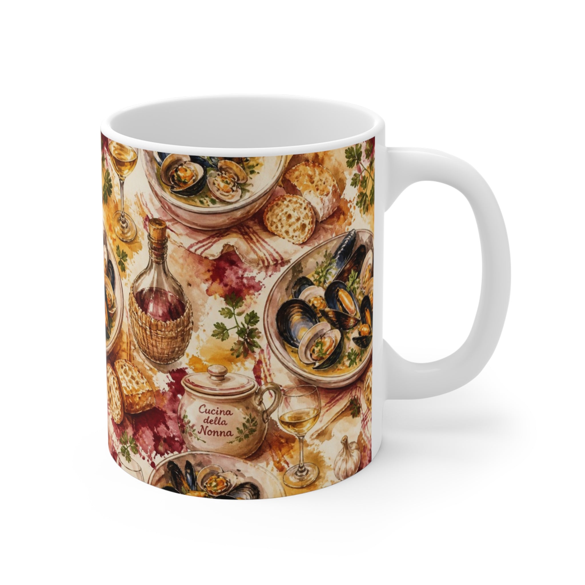 Mussels & Clams 11oz Ceramic Mug Mediterranean Kitchen Watercolor Splash Design Italian Cottagecore Gift