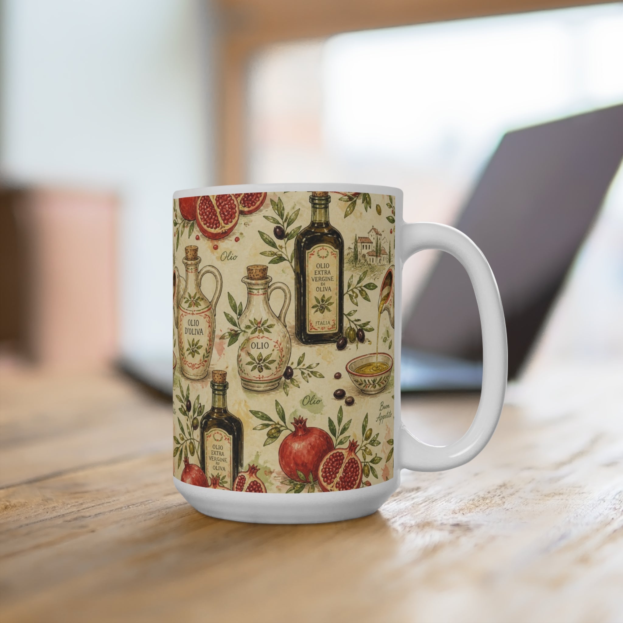 Olive Oil Bottles 15oz Ceramic Mug Mediterranean Kitchen Watercolor Design Italian Cottagecore Gift