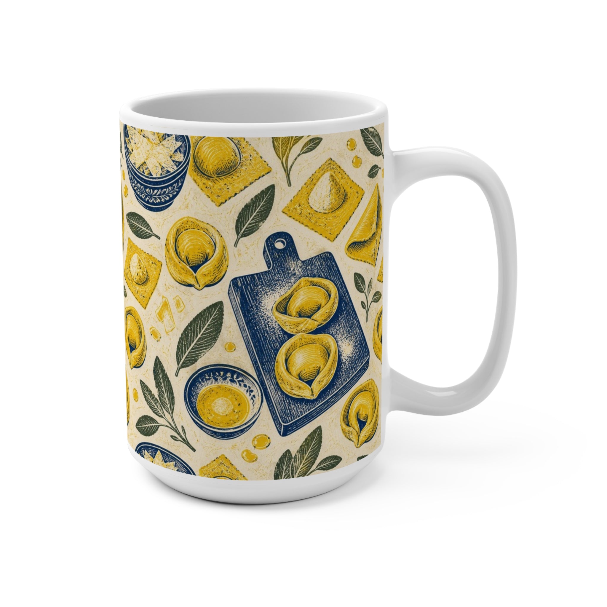 Tortellini with Sage 15oz Ceramic Mug Mediterranean Kitchen Linocut Design Italian Cottagecore Gift