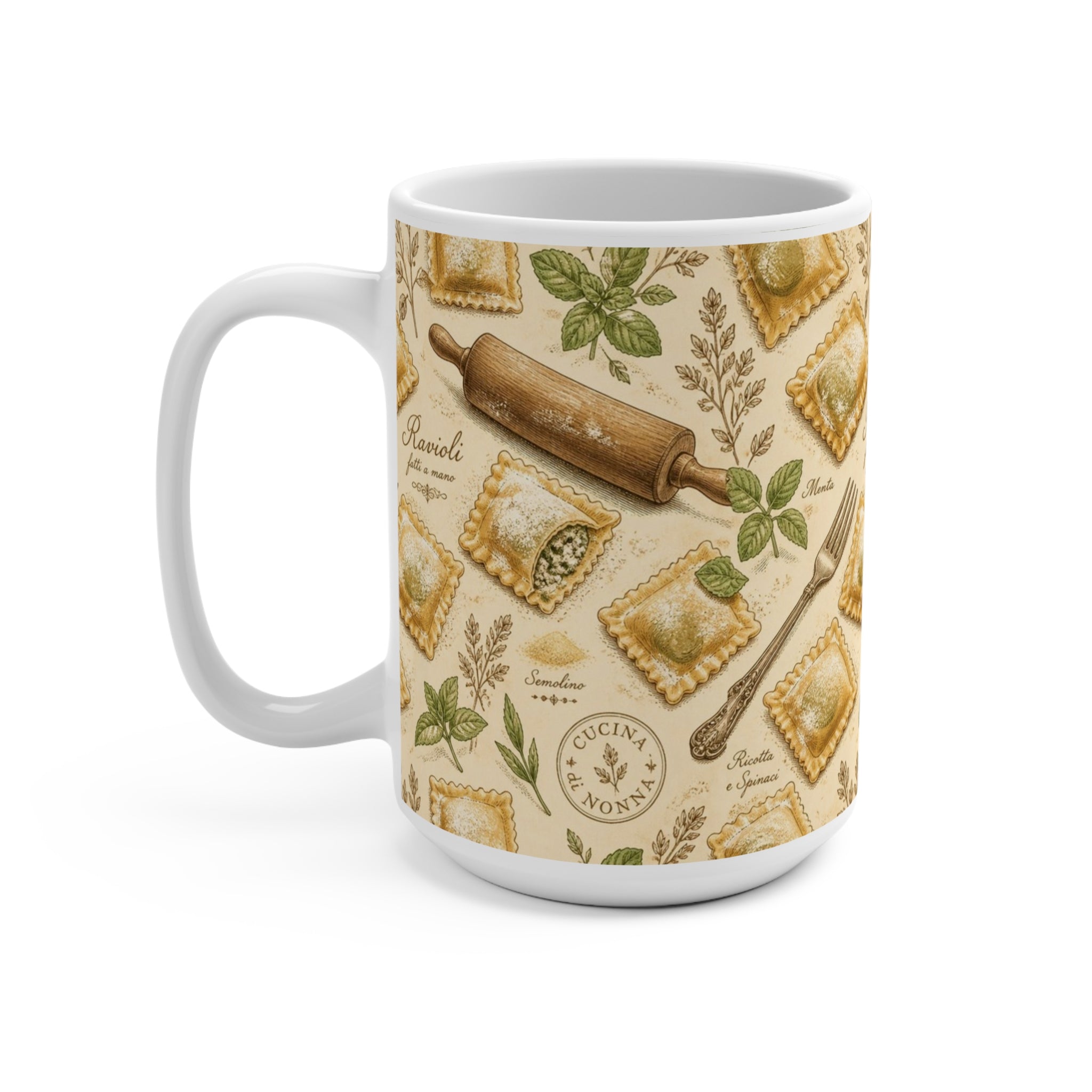 Fresh Ravioli 15oz Ceramic Mug Mediterranean Kitchen Botanical Design Italian Cottagecore Gift