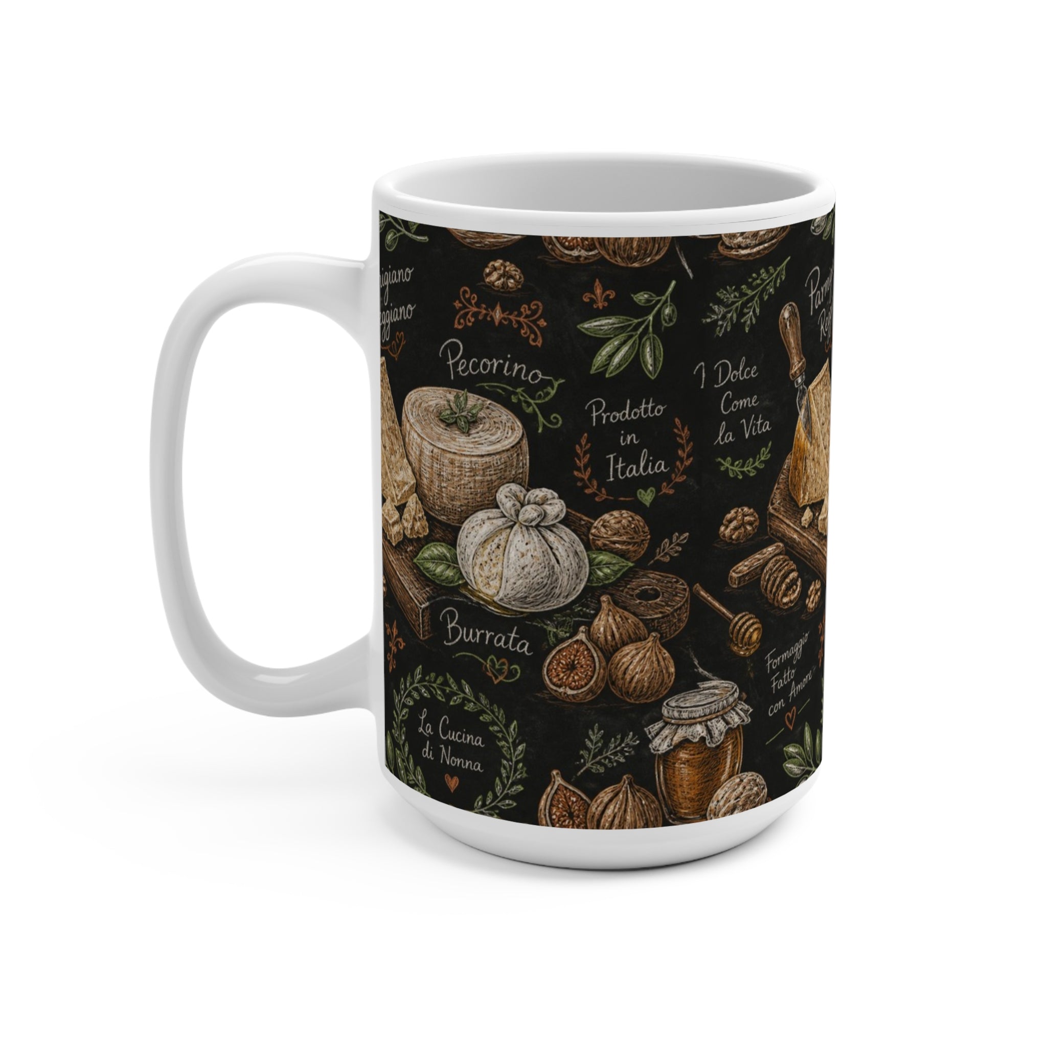 Italian Cheese Board 15oz Ceramic Mug Mediterranean Kitchen Chalk Art Design Italian Cottagecore Gift
